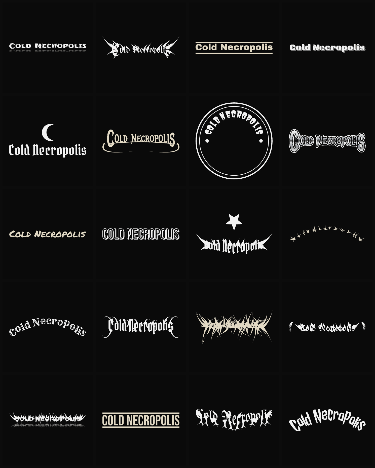 Twenty Cold Necropolis band logo ideas — different faces, treatments and spike settings