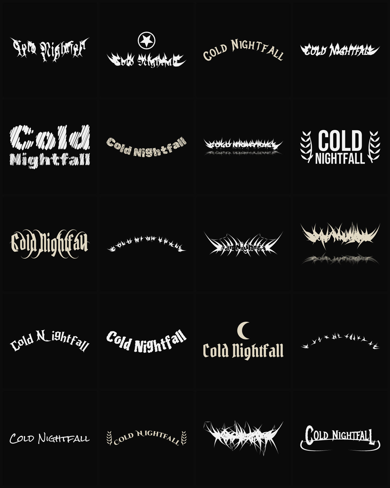 Twenty Cold Nightfall band logo ideas — different faces, treatments and spike settings