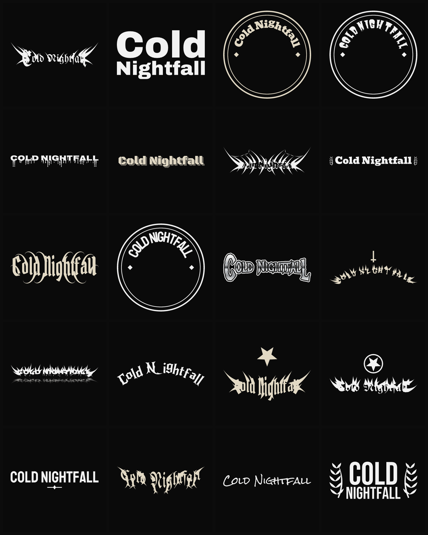 Twenty Cold Nightfall band logo ideas — different faces, treatments and spike settings