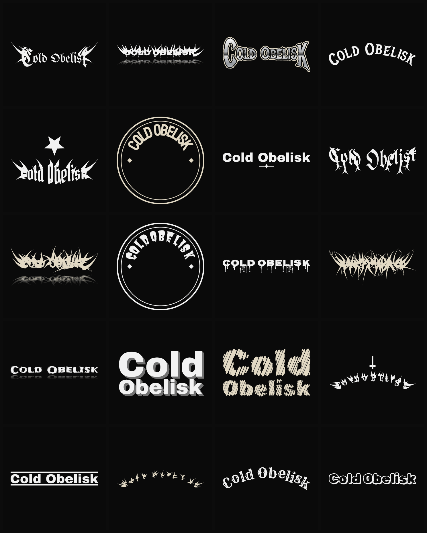 Twenty Cold Obelisk band logo ideas — different faces, treatments and spike settings