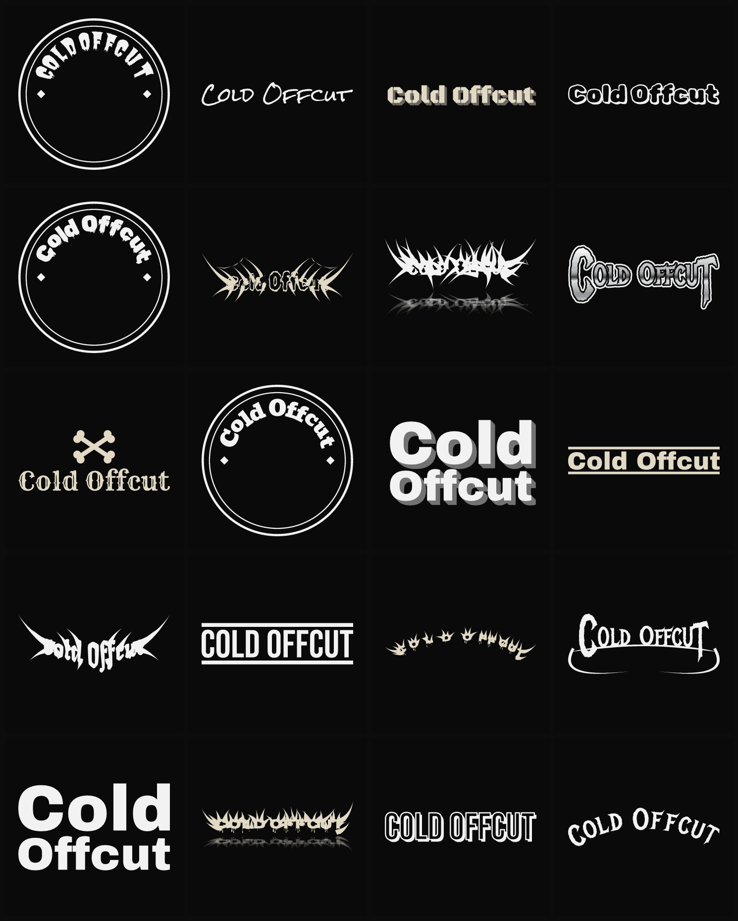 Twenty Cold Offcut band logo ideas — different faces, treatments and spike settings