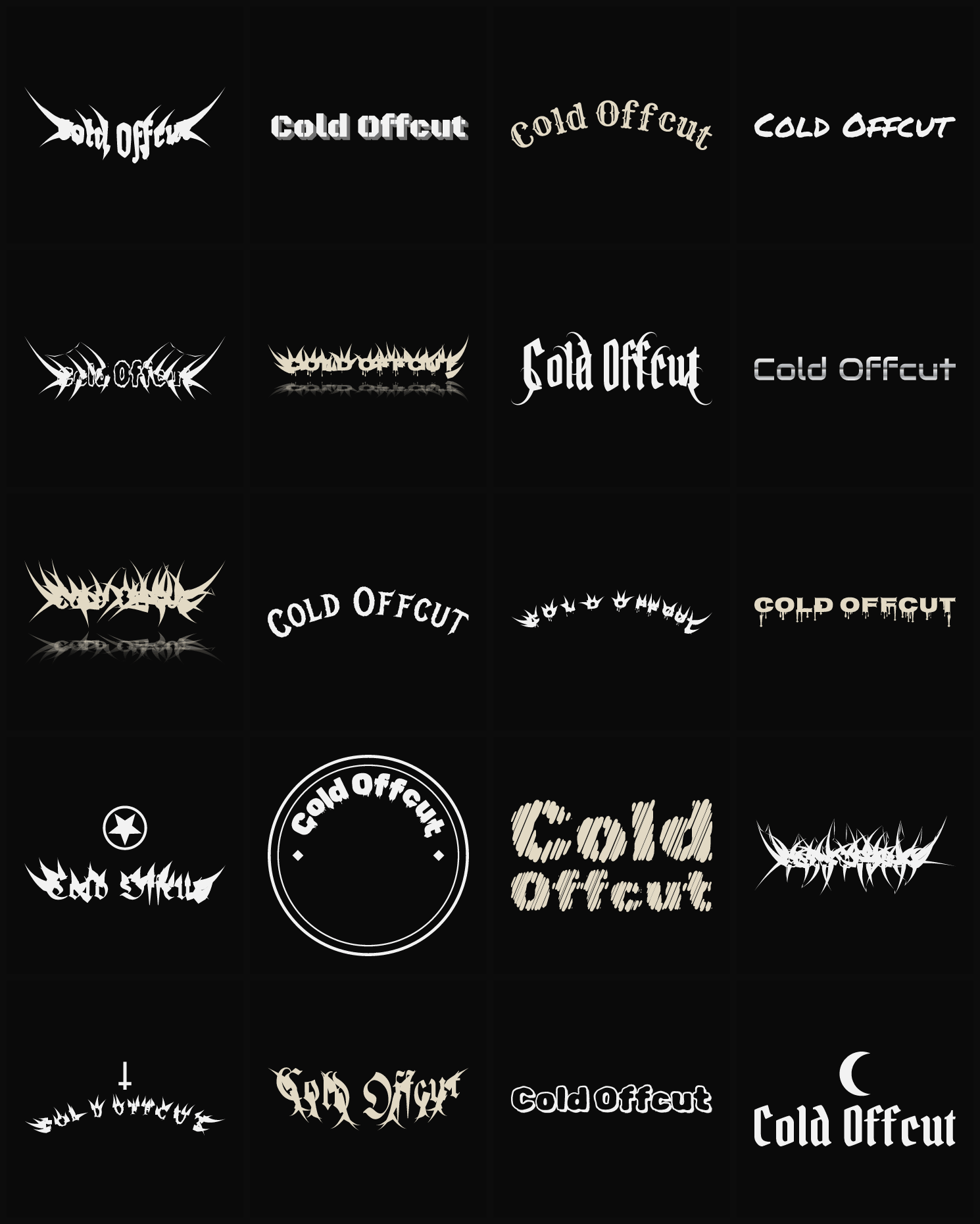 Twenty Cold Offcut band logo ideas — different faces, treatments and spike settings