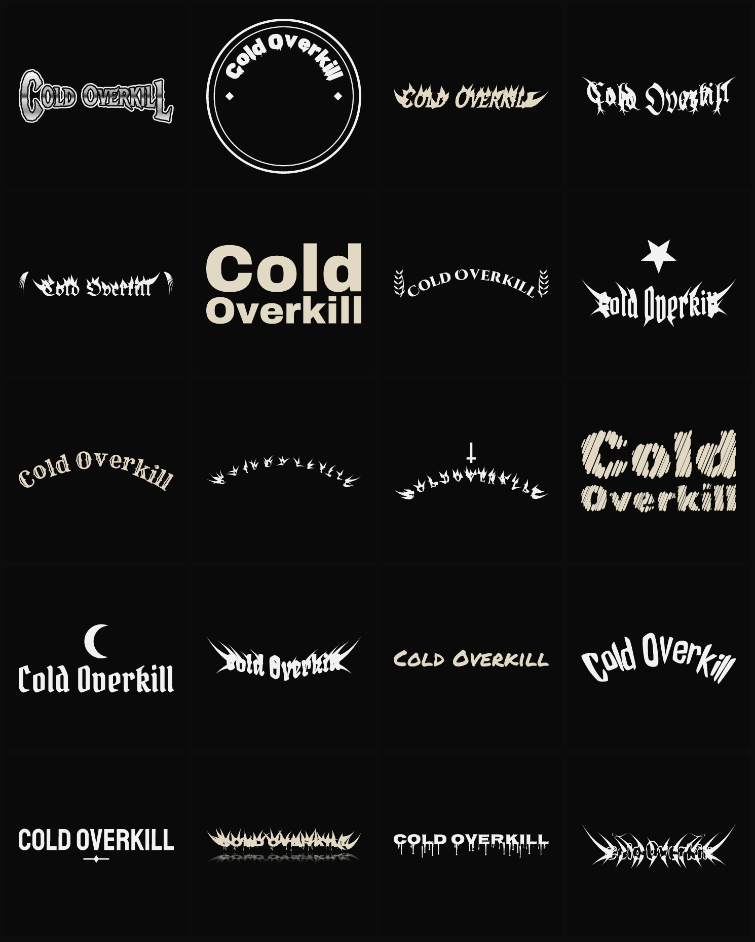 Twenty Cold Overkill band logo ideas — different faces, treatments and spike settings