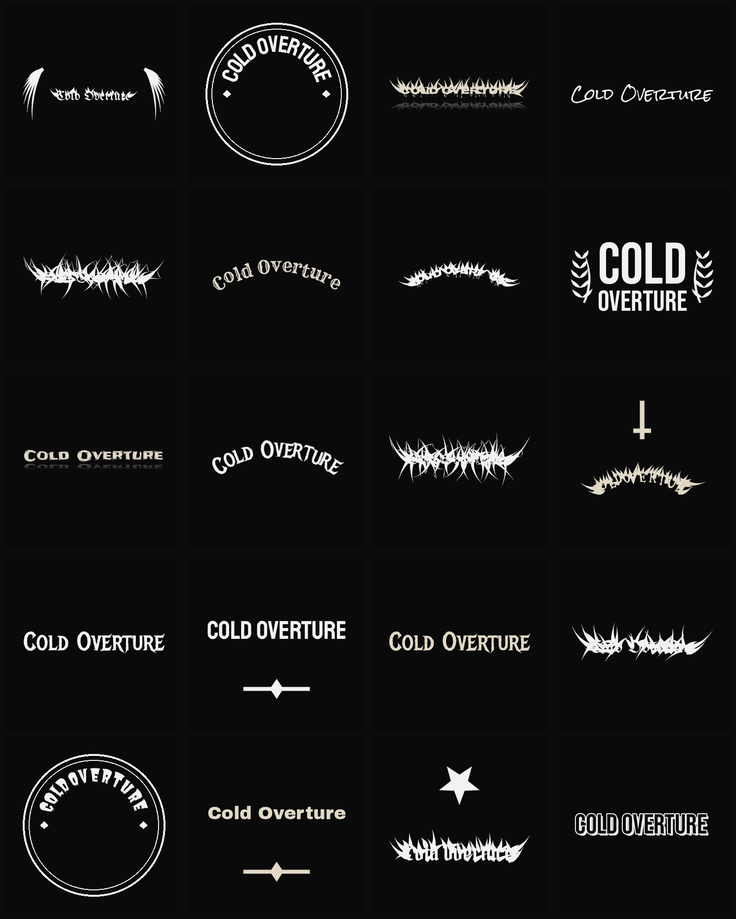 Twenty Cold Overture band logo ideas — different faces, treatments and spike settings