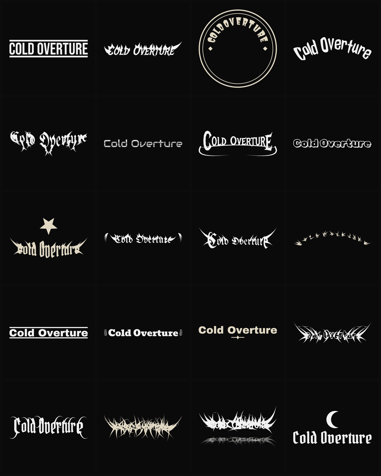 Twenty Cold Overture band logo ideas — different faces, treatments and spike settings