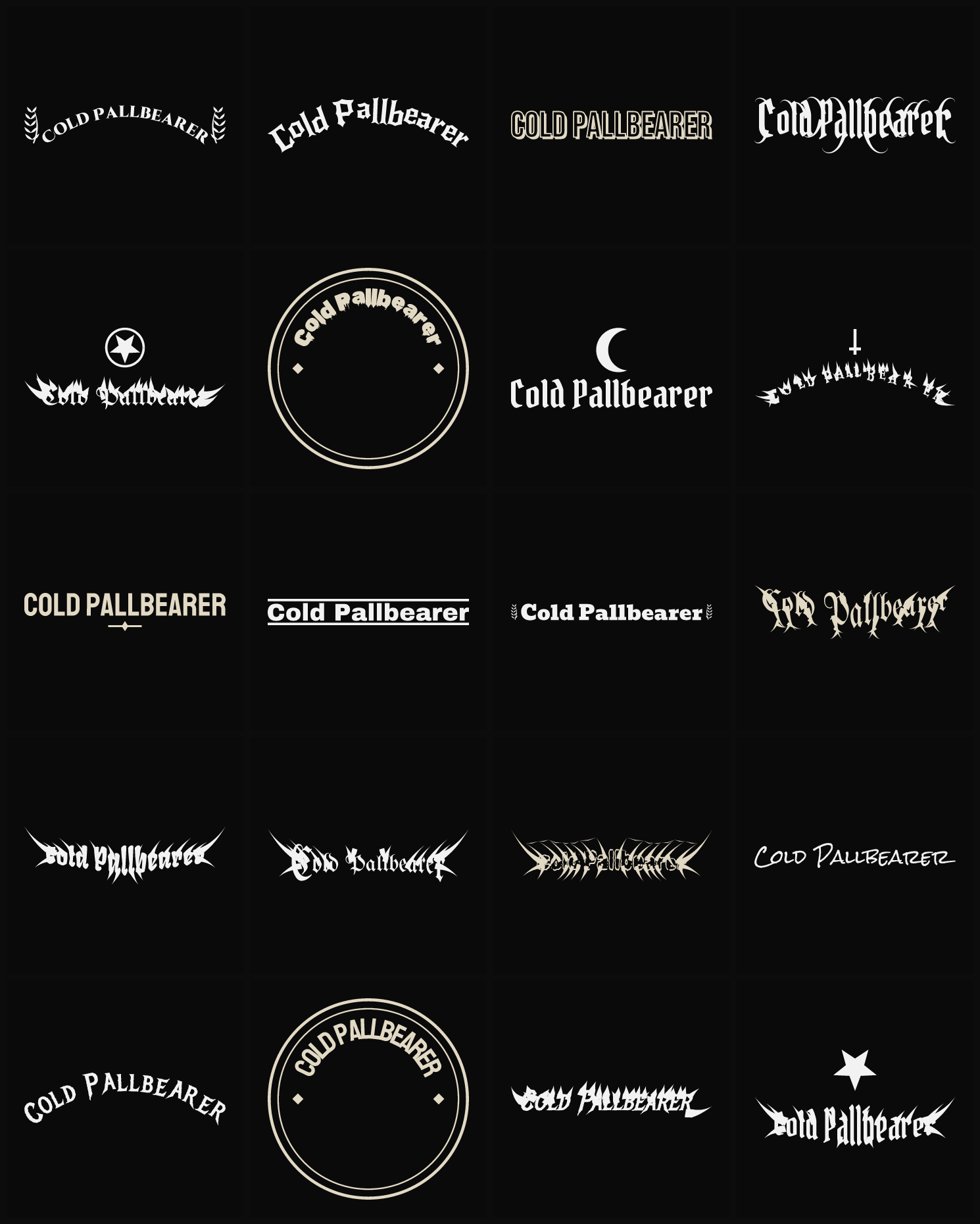 Twenty Cold Pallbearer band logo ideas — different faces, treatments and spike settings