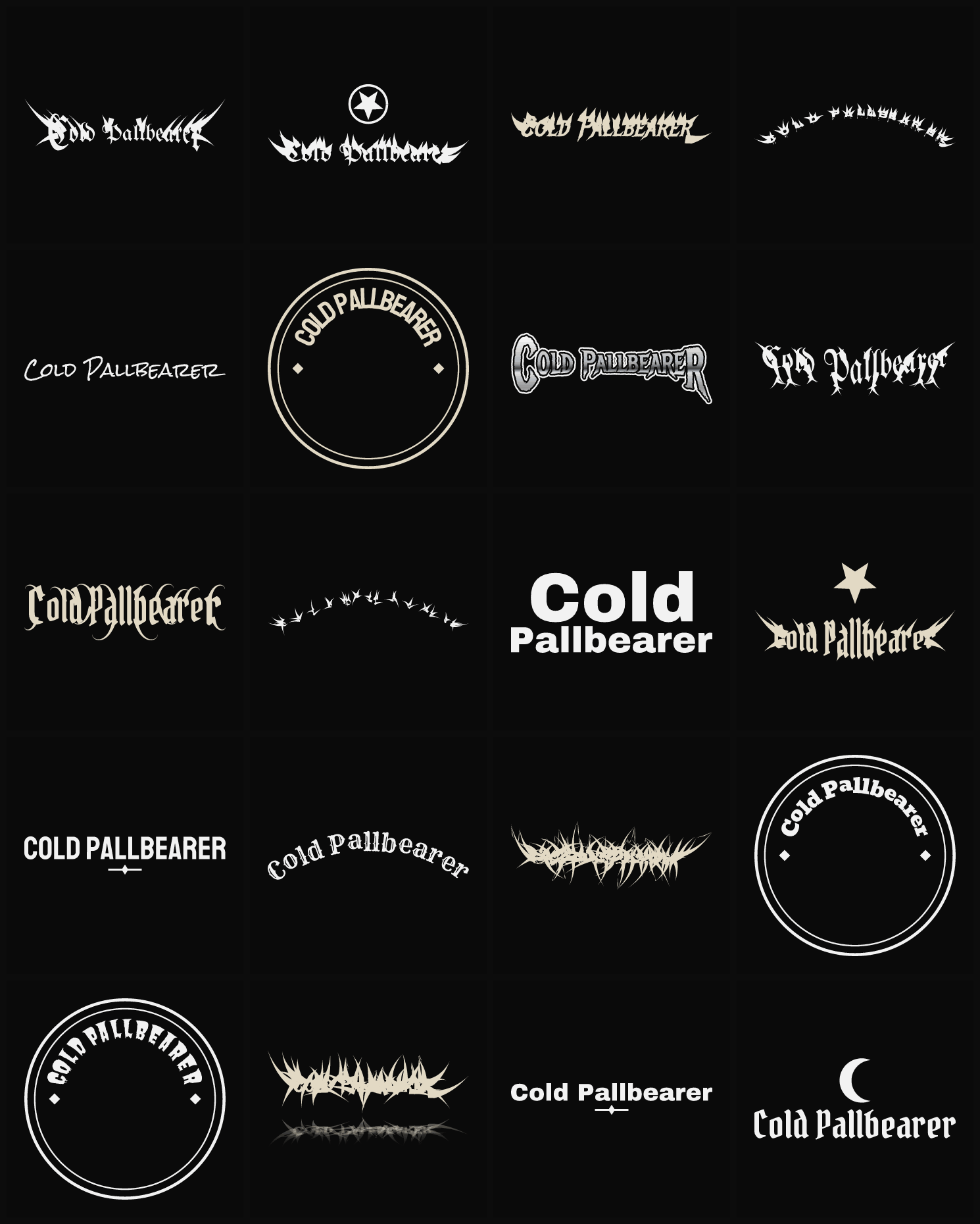 Twenty Cold Pallbearer band logo ideas — different faces, treatments and spike settings