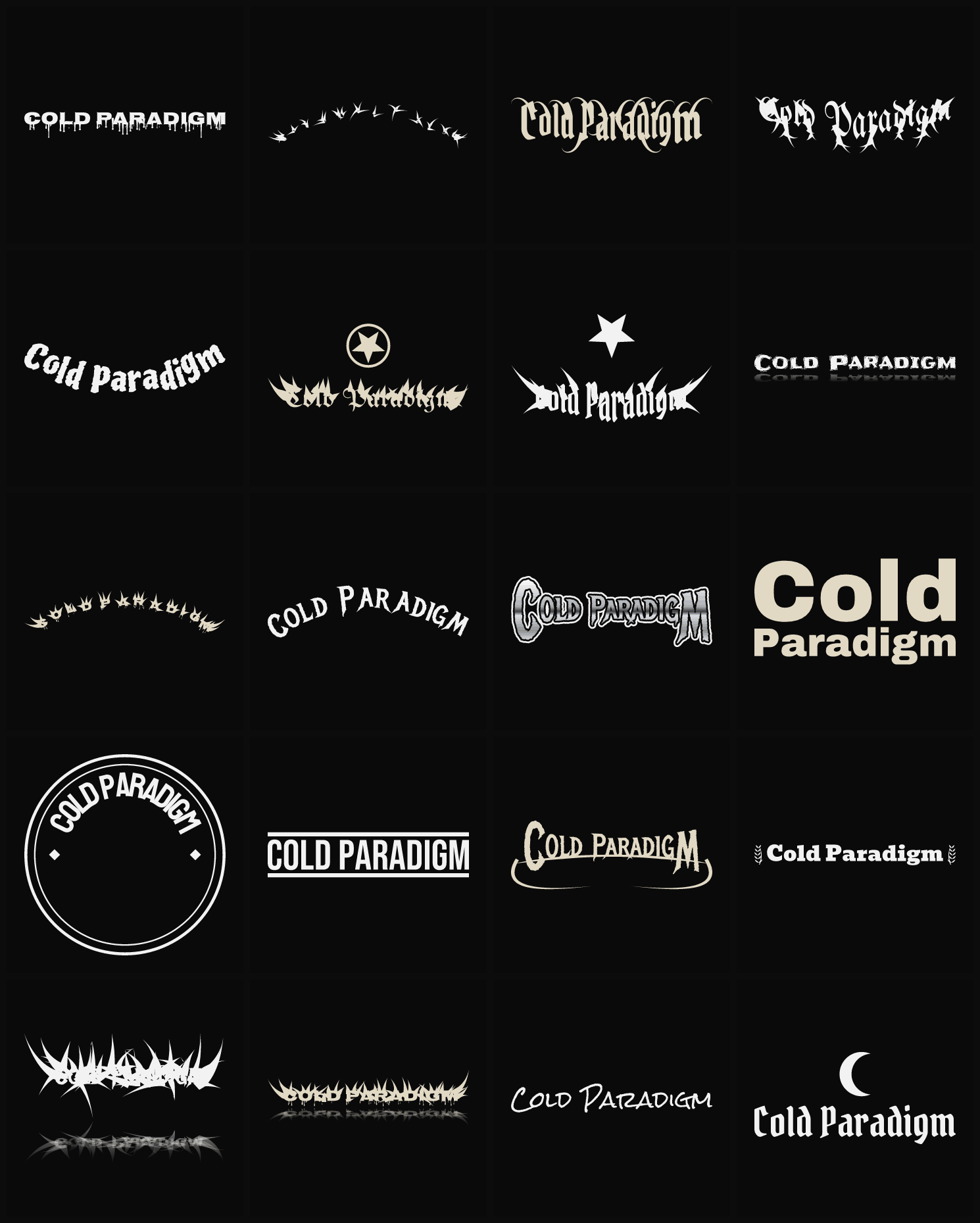 Twenty Cold Paradigm band logo ideas — different faces, treatments and spike settings