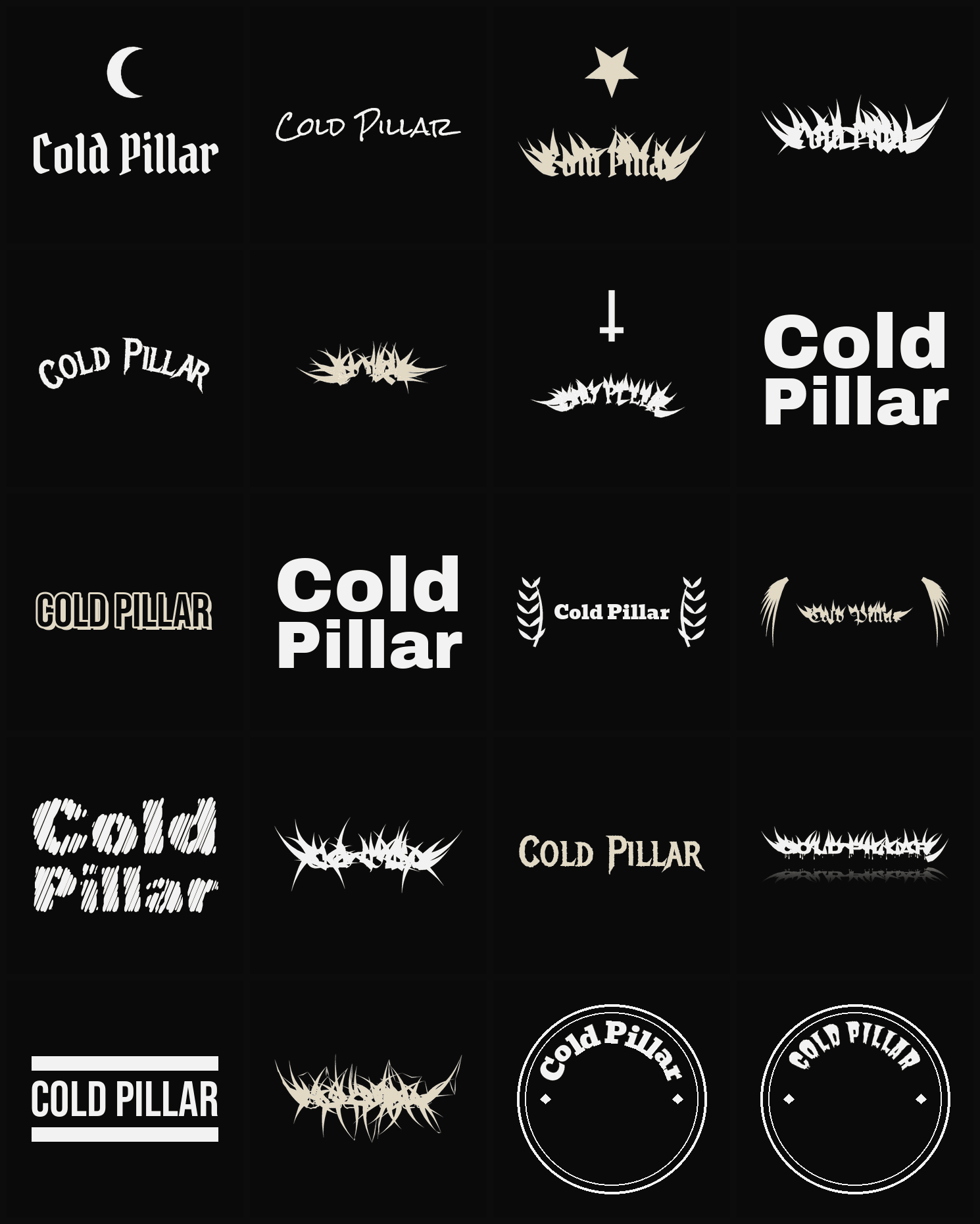 Twenty Cold Pillar band logo ideas — different faces, treatments and spike settings