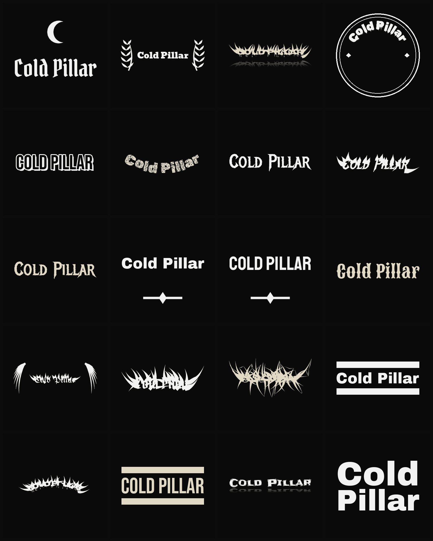 Twenty Cold Pillar band logo ideas — different faces, treatments and spike settings