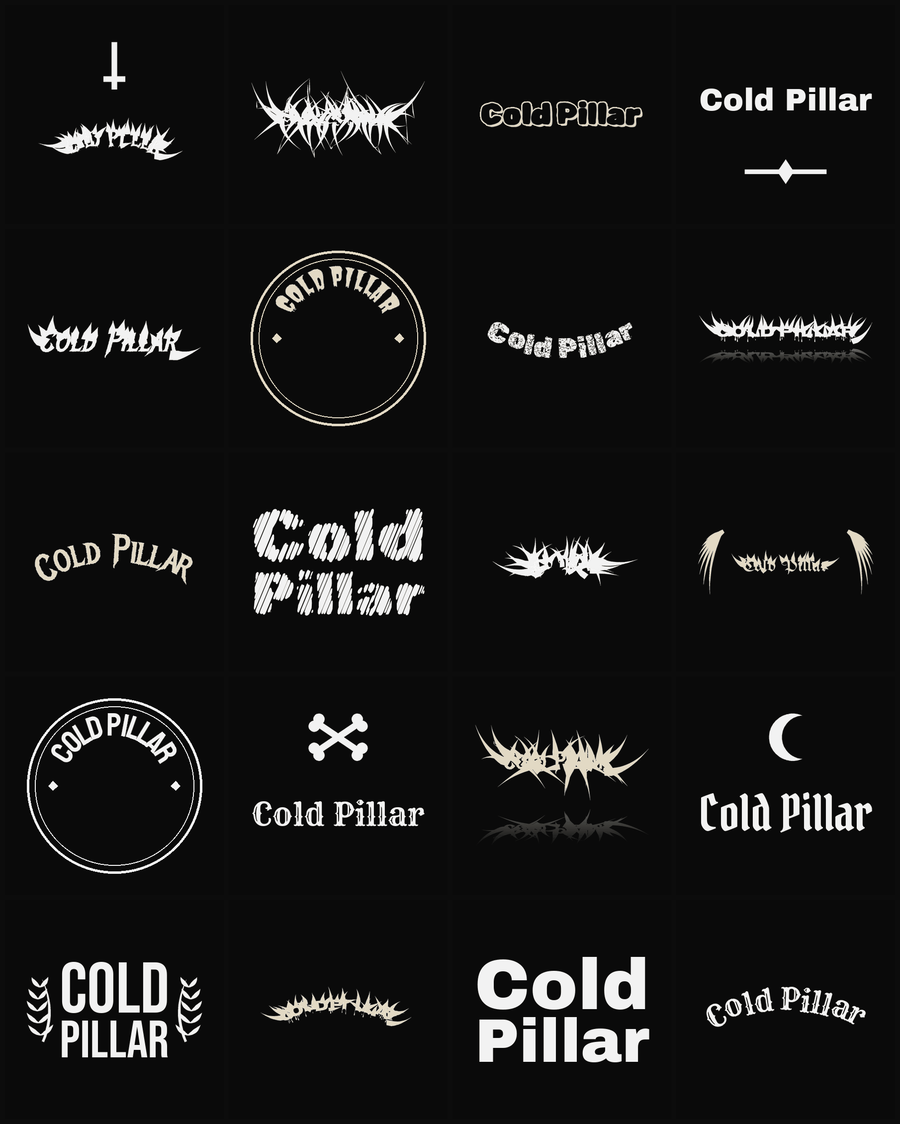 Twenty Cold Pillar band logo ideas — different faces, treatments and spike settings