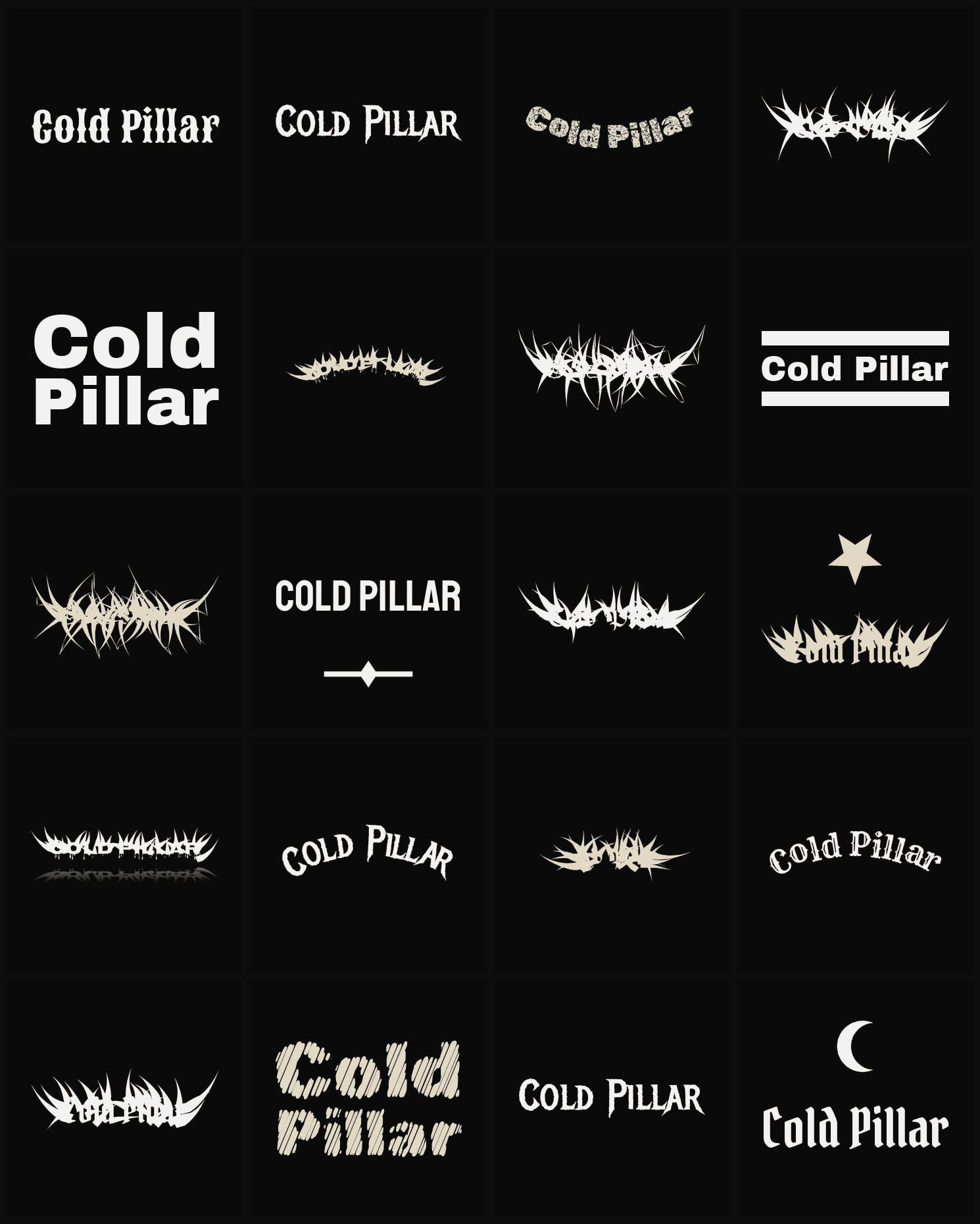 Twenty Cold Pillar band logo ideas — different faces, treatments and spike settings