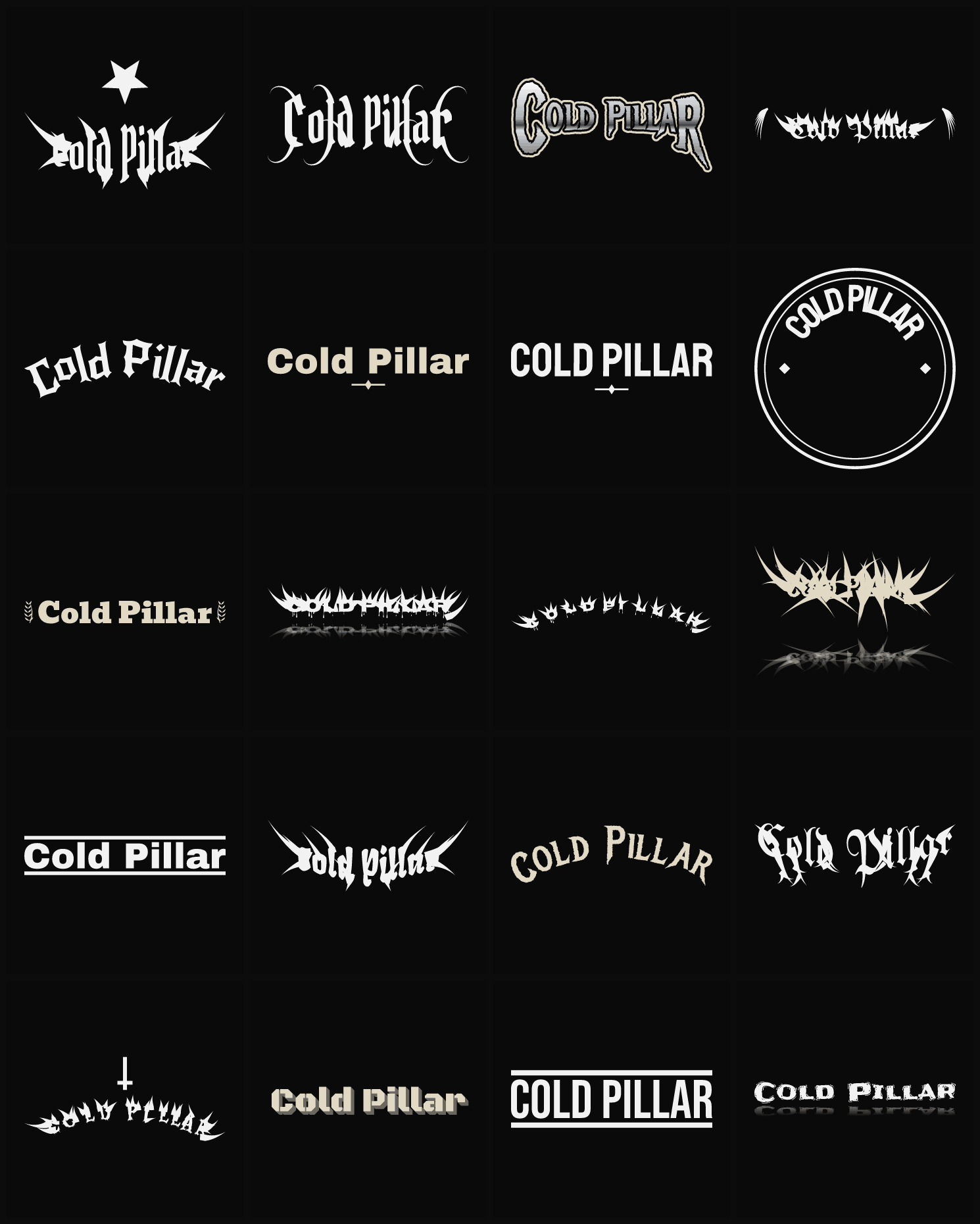 Twenty Cold Pillar band logo ideas — different faces, treatments and spike settings