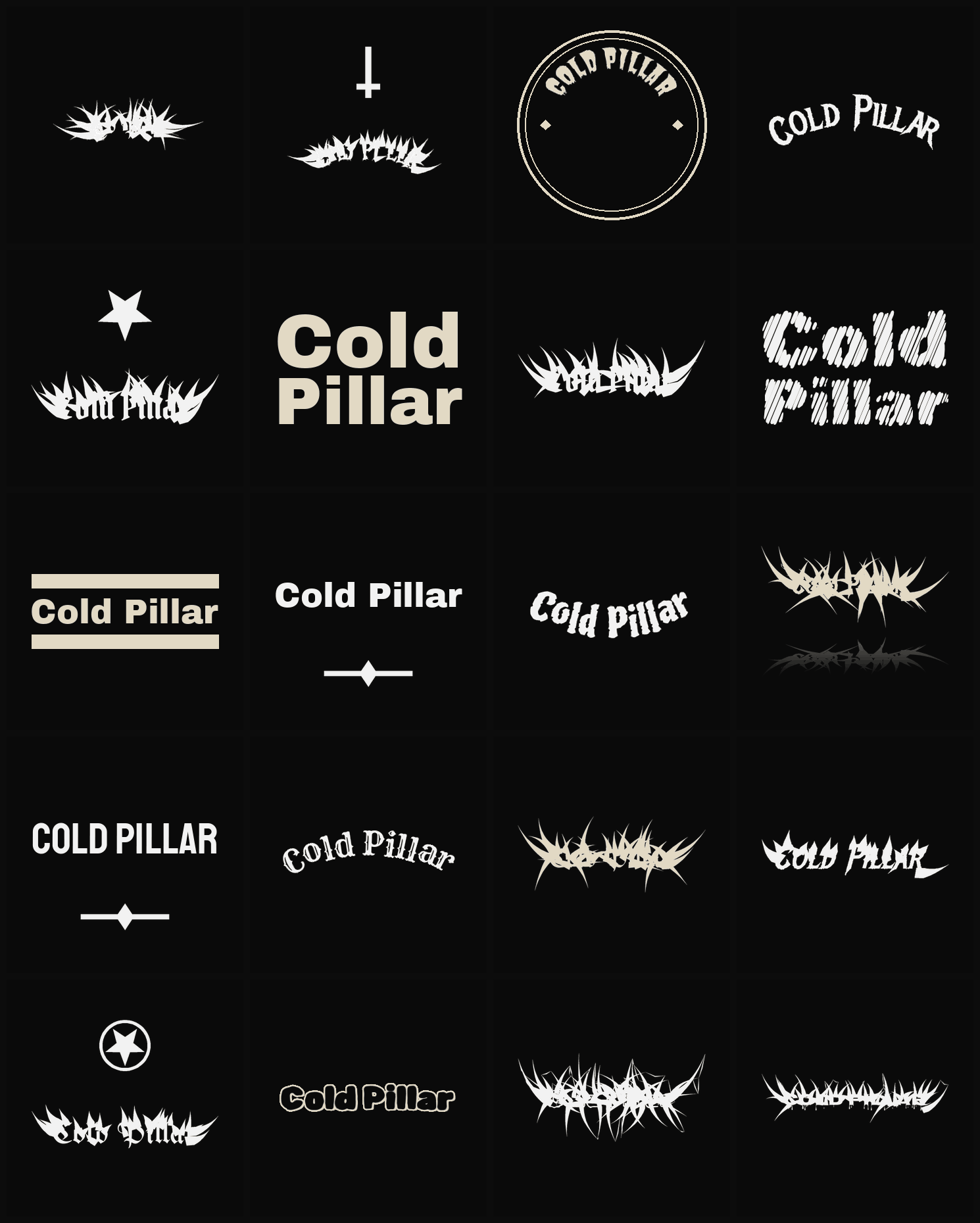 Twenty Cold Pillar band logo ideas — different faces, treatments and spike settings