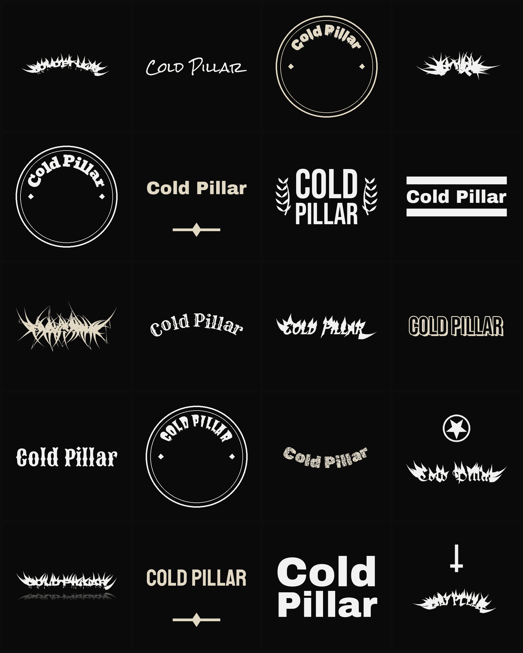 Twenty Cold Pillar band logo ideas — different faces, treatments and spike settings