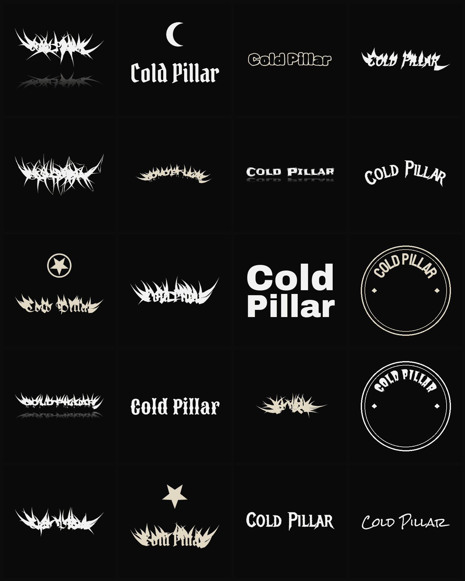 Twenty Cold Pillar band logo ideas — different faces, treatments and spike settings