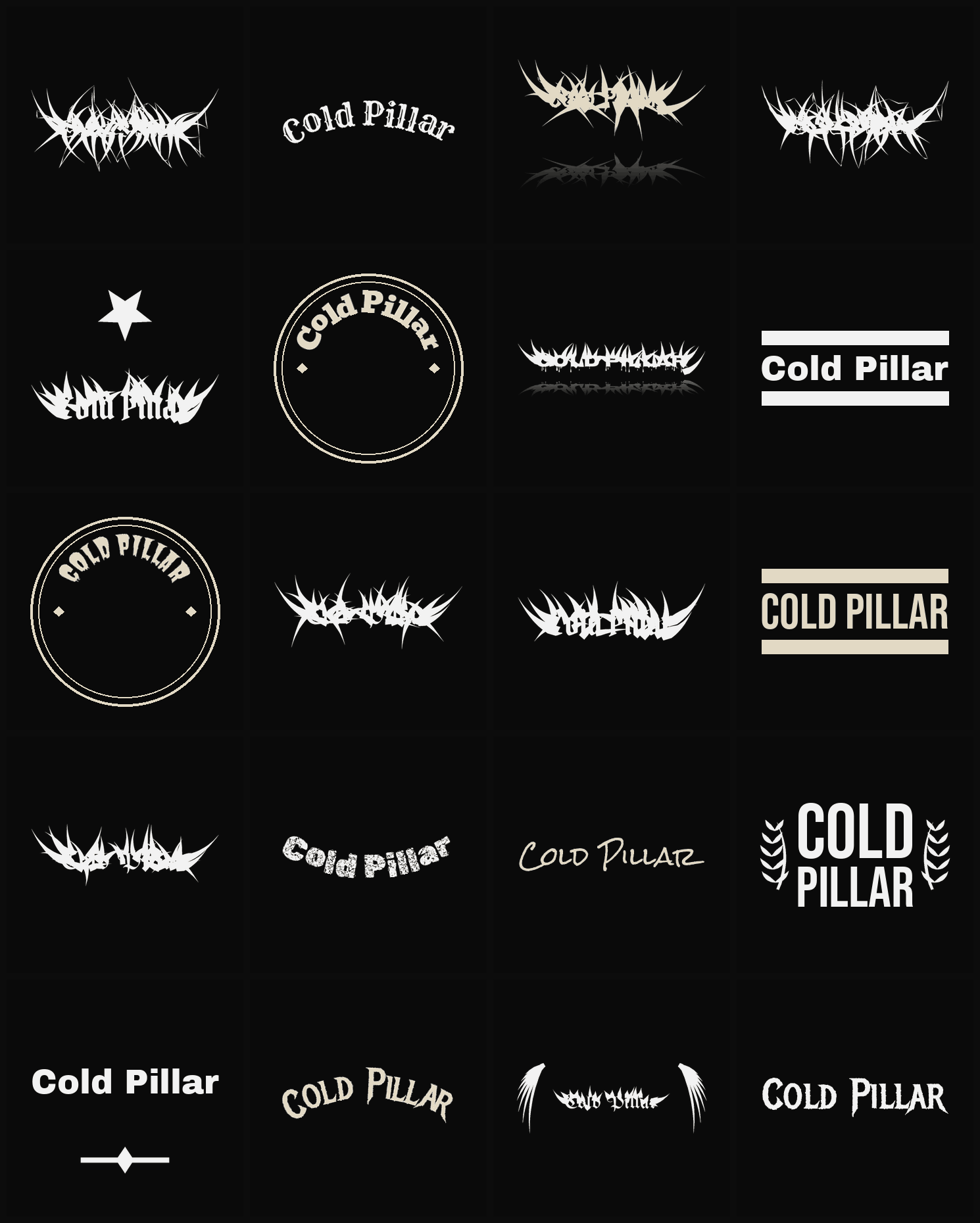 Twenty Cold Pillar band logo ideas — different faces, treatments and spike settings