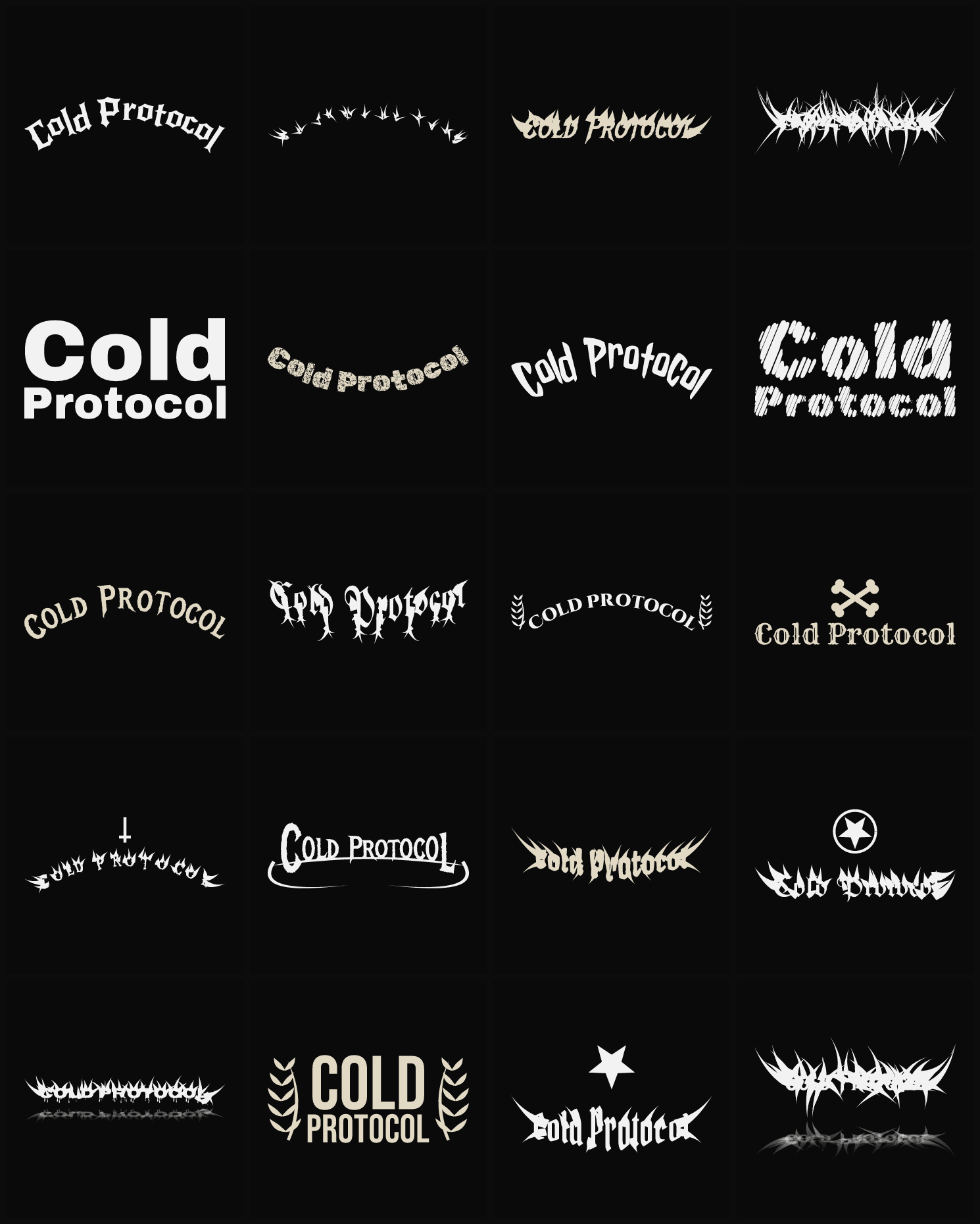 Twenty Cold Protocol band logo ideas — different faces, treatments and spike settings