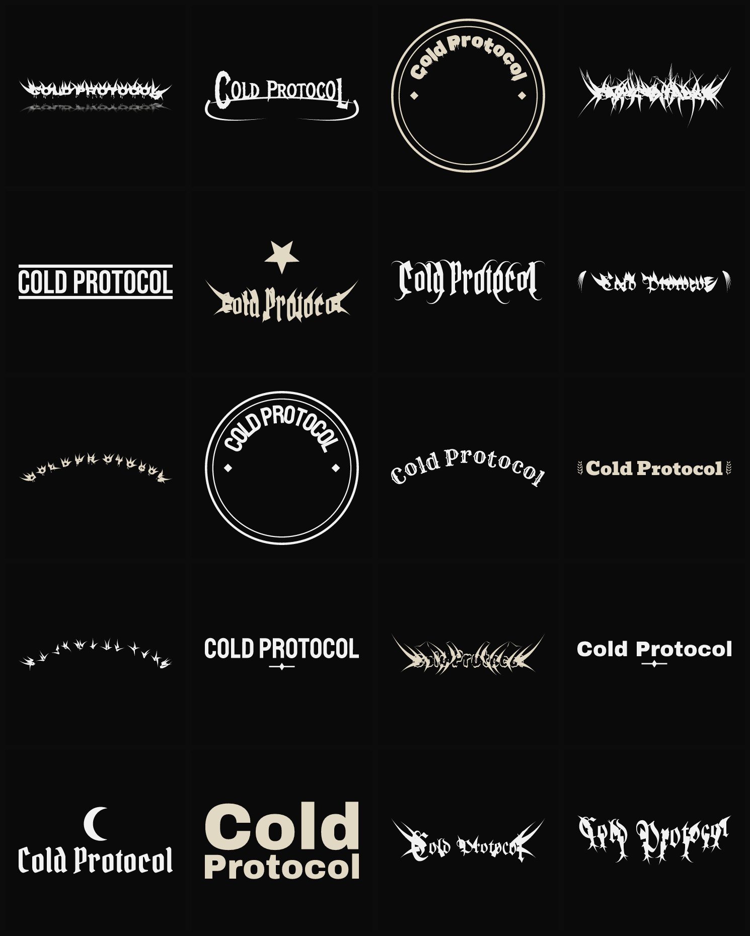 Twenty Cold Protocol band logo ideas — different faces, treatments and spike settings
