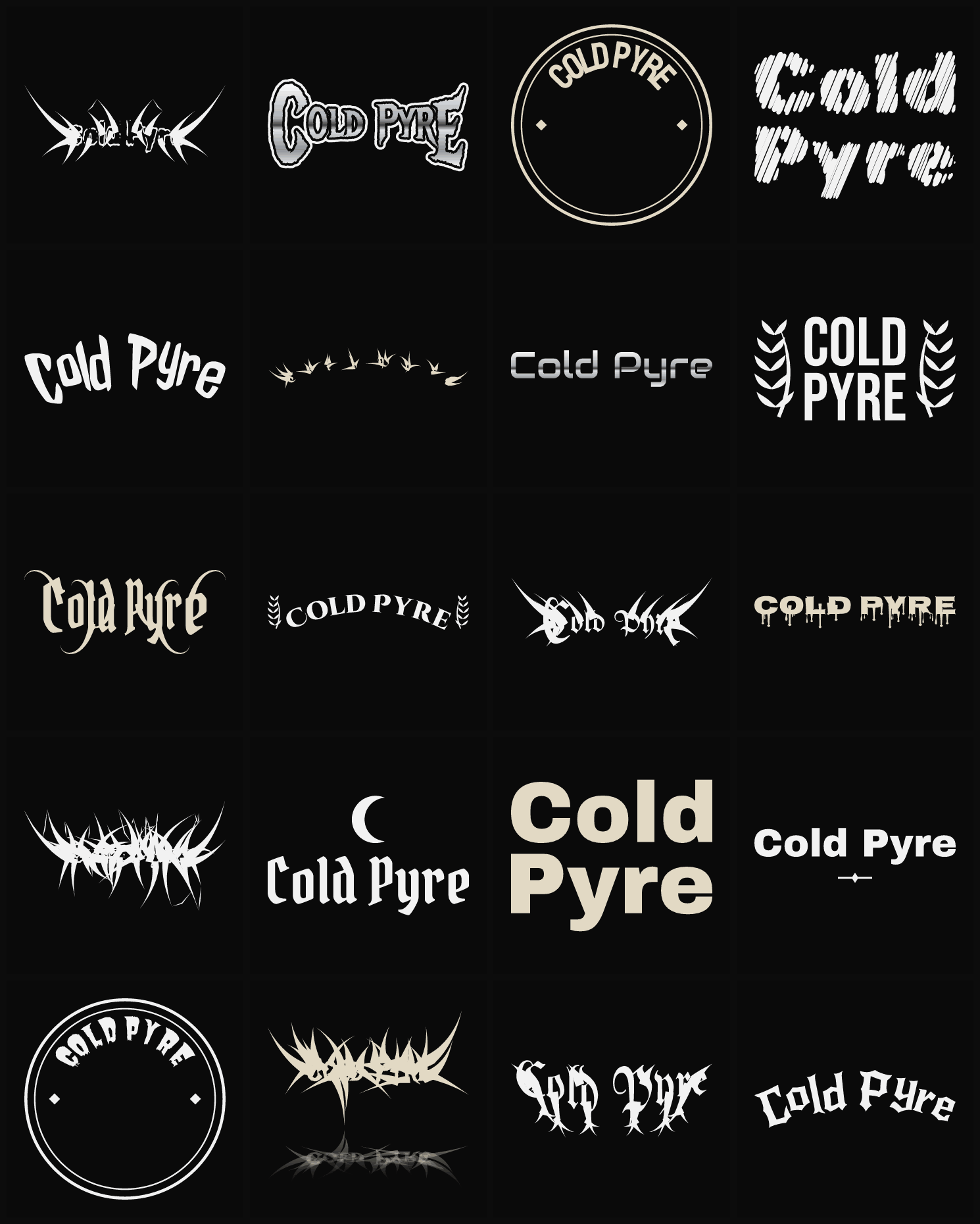 Twenty Cold Pyre band logo ideas — different faces, treatments and spike settings
