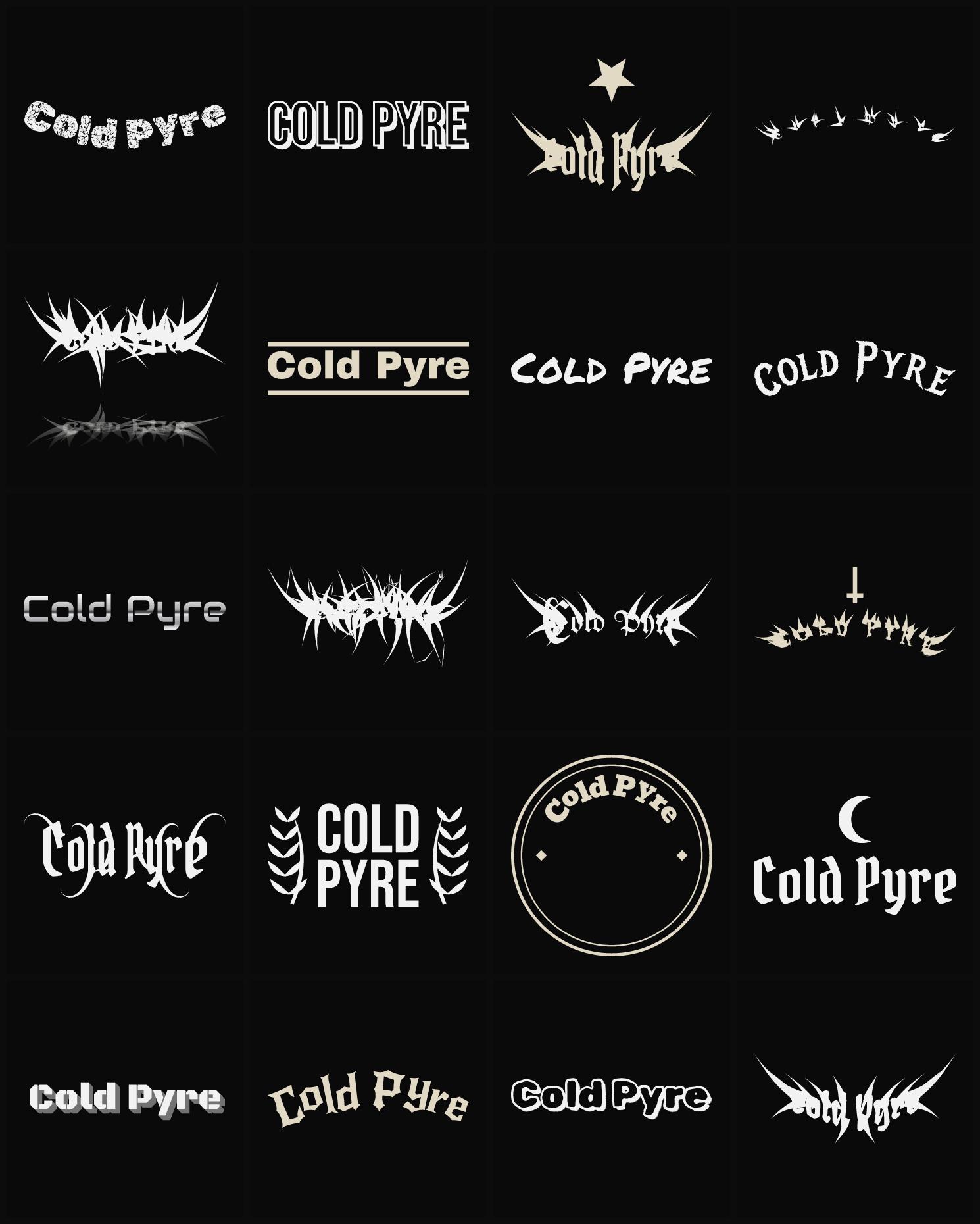 Twenty Cold Pyre band logo ideas — different faces, treatments and spike settings
