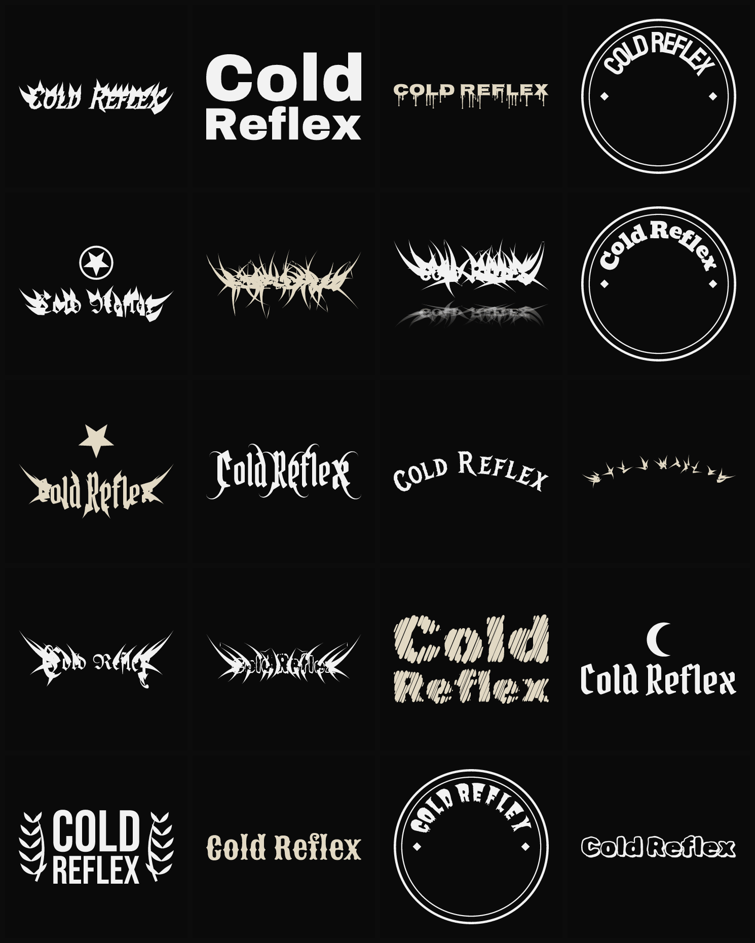 Twenty Cold Reflex band logo ideas — different faces, treatments and spike settings