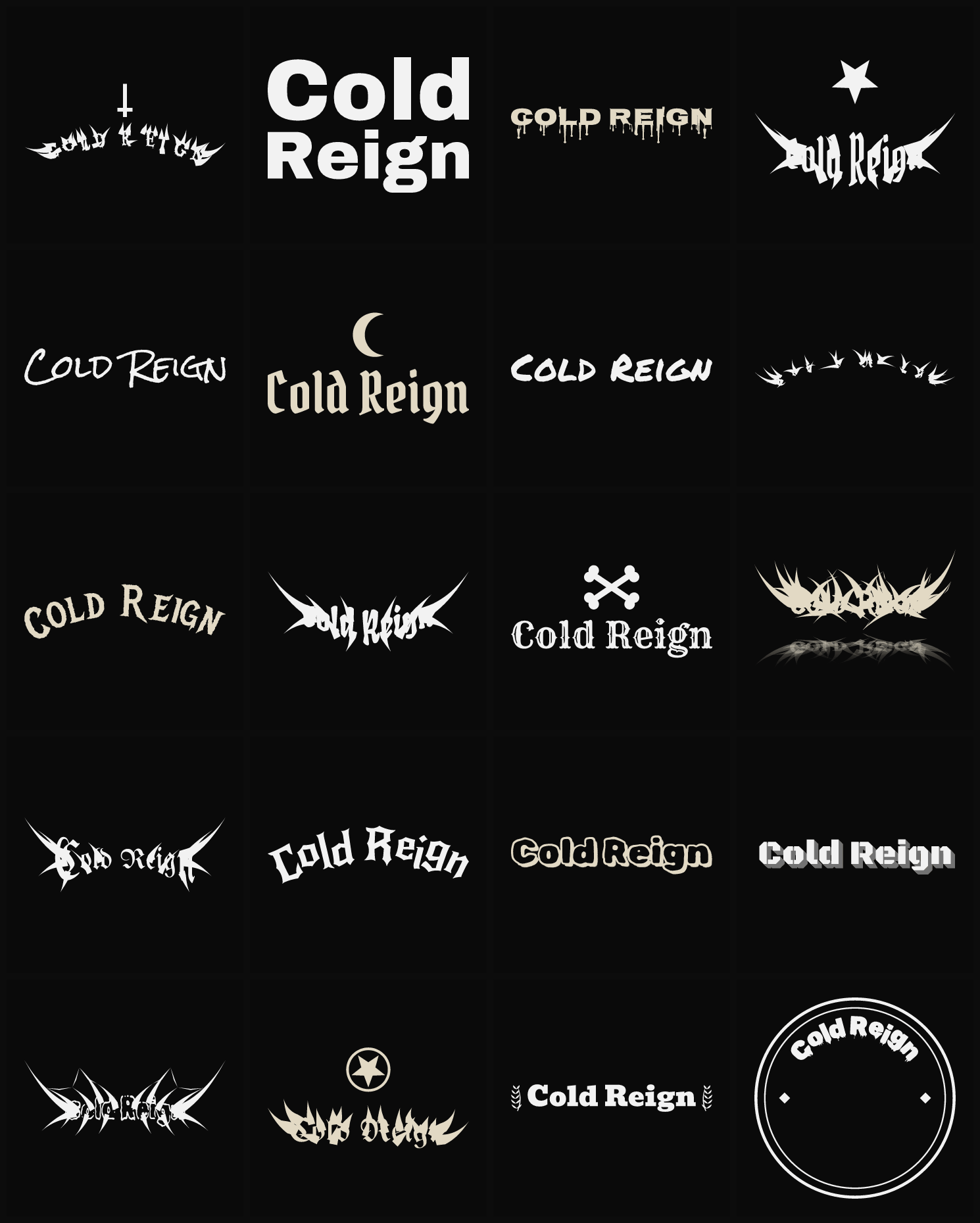 Twenty Cold Reign band logo ideas — different faces, treatments and spike settings