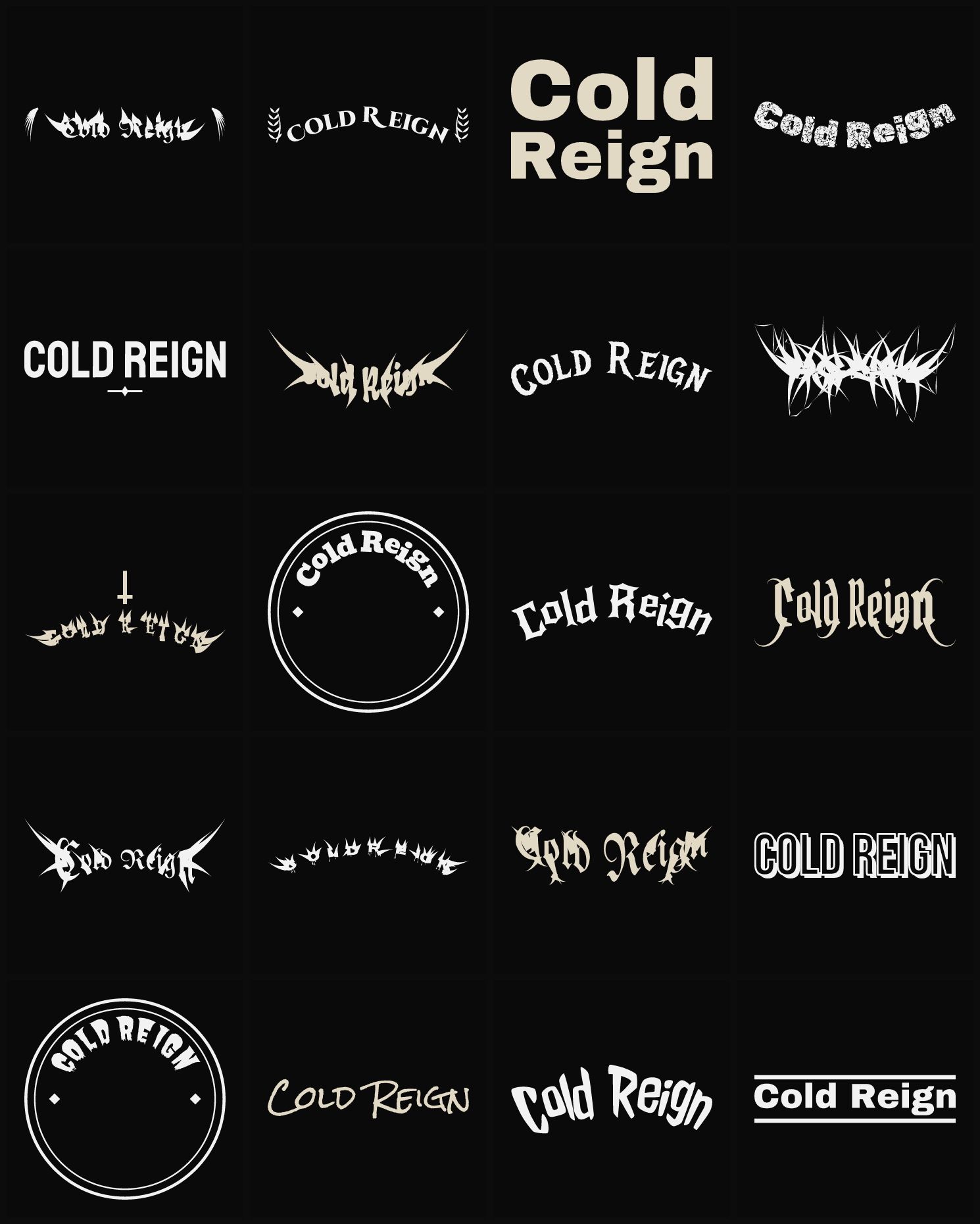 Twenty Cold Reign band logo ideas — different faces, treatments and spike settings