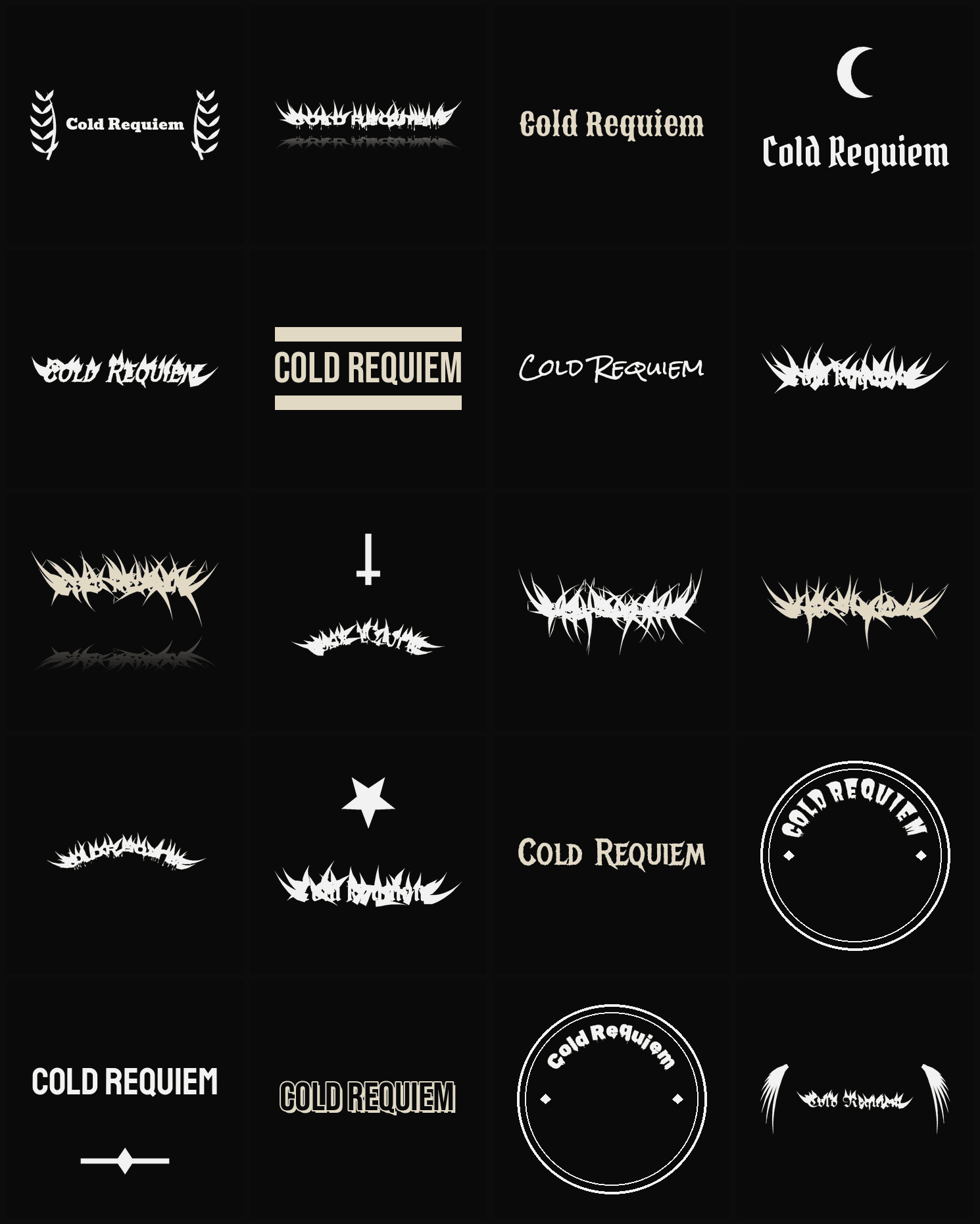 Twenty Cold Requiem band logo ideas — different faces, treatments and spike settings
