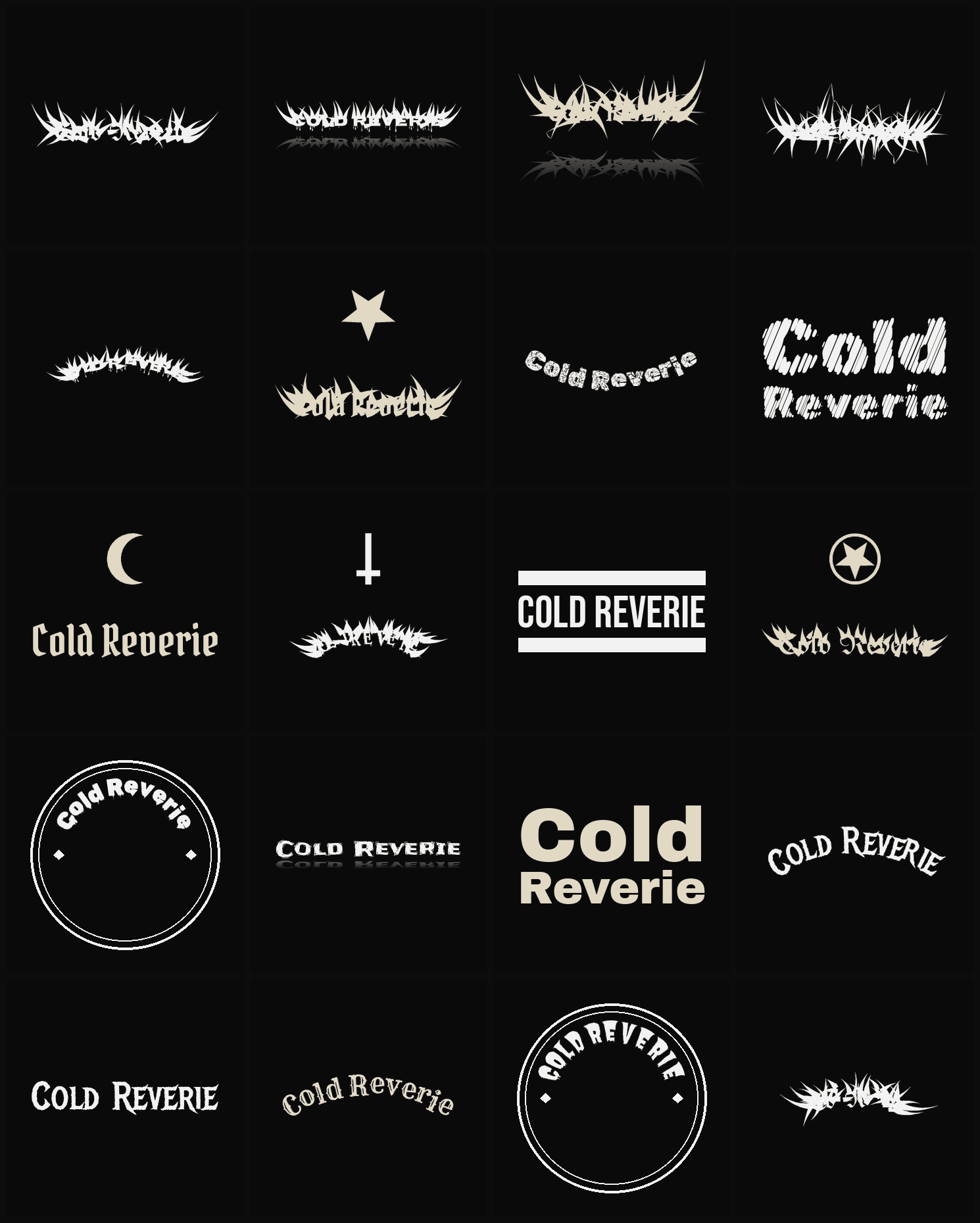 Twenty Cold Reverie band logo ideas — different faces, treatments and spike settings