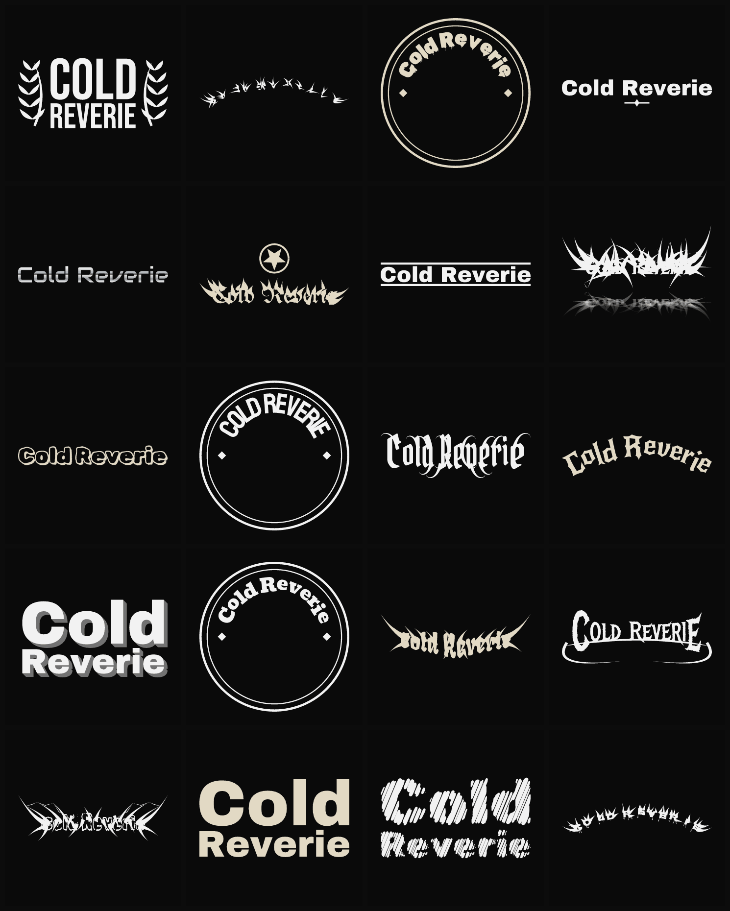Twenty Cold Reverie band logo ideas — different faces, treatments and spike settings