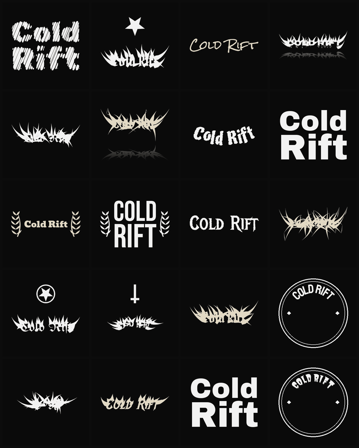 Twenty Cold Rift band logo ideas — different faces, treatments and spike settings