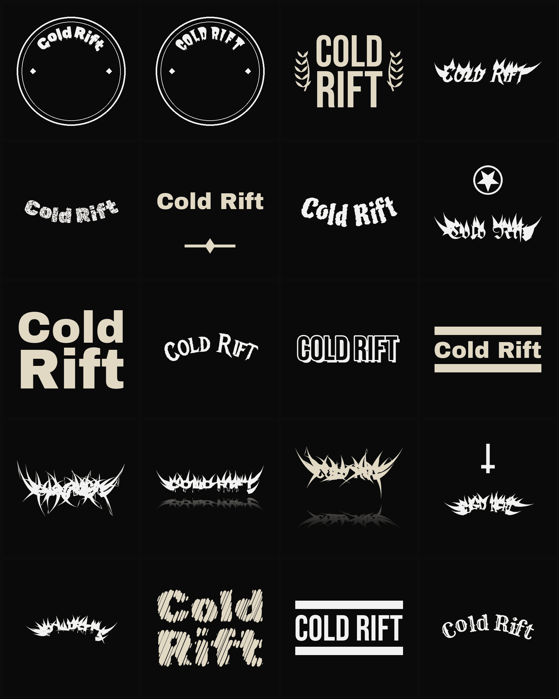 Twenty Cold Rift band logo ideas — different faces, treatments and spike settings