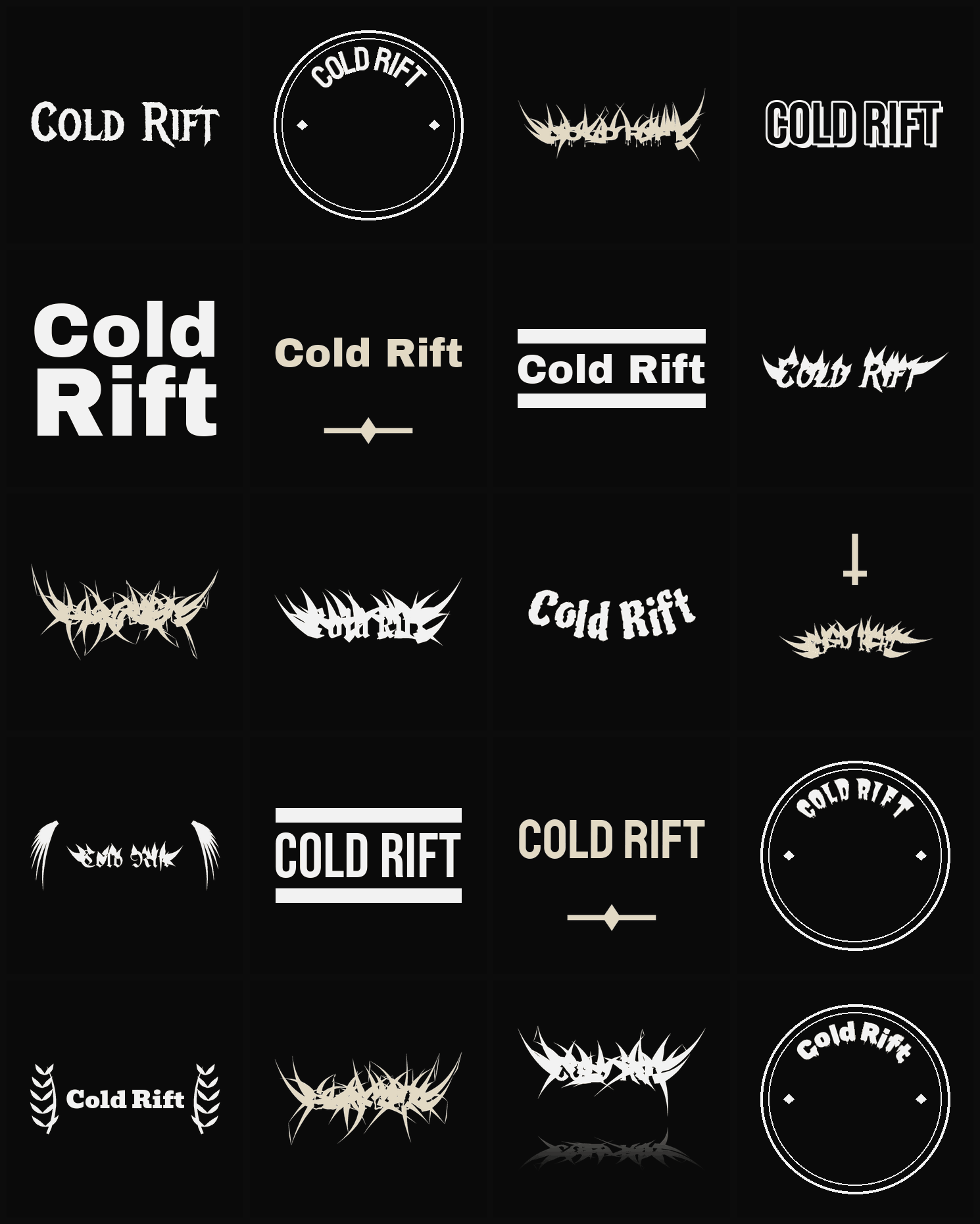 Twenty Cold Rift band logo ideas — different faces, treatments and spike settings