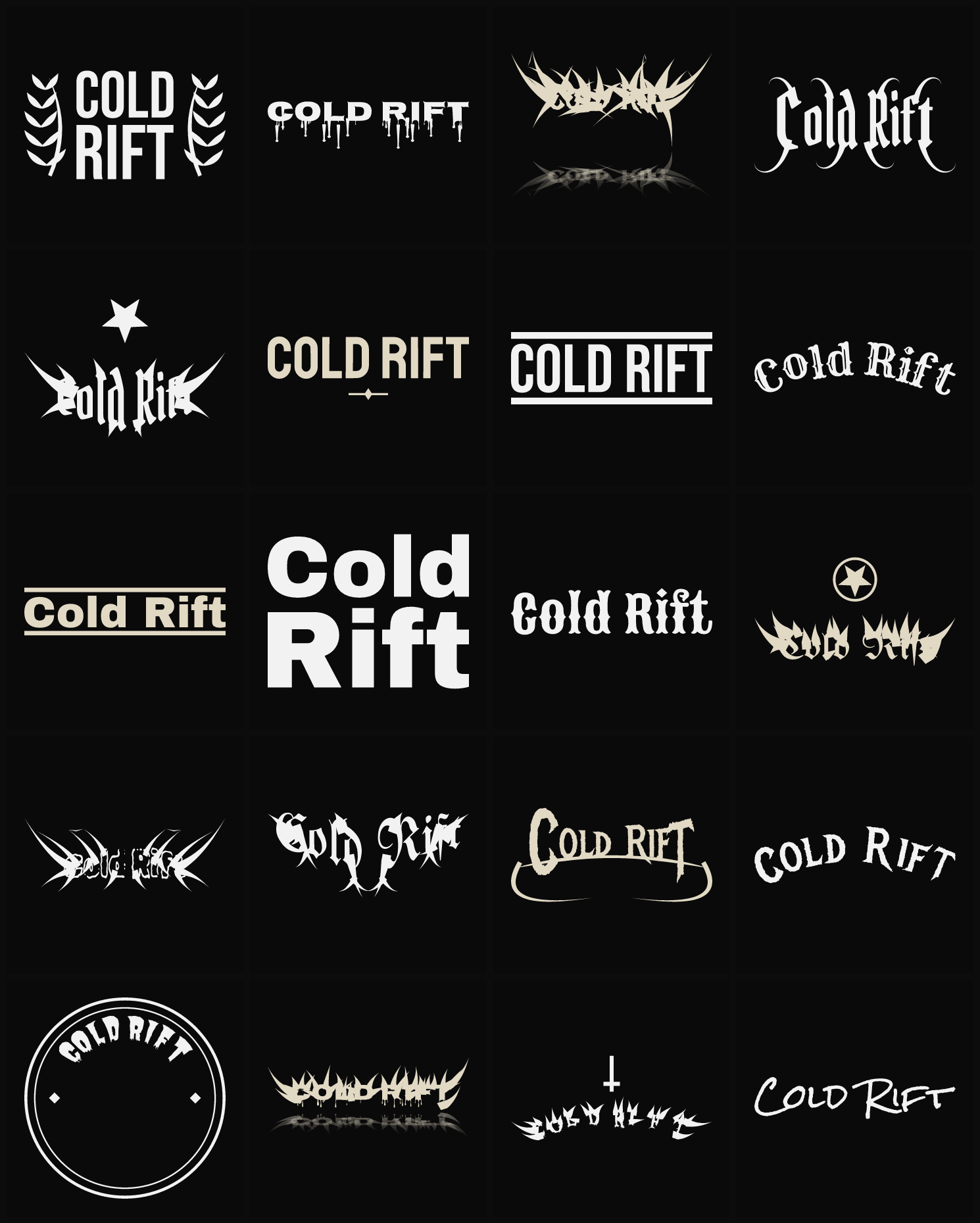 Twenty Cold Rift band logo ideas — different faces, treatments and spike settings