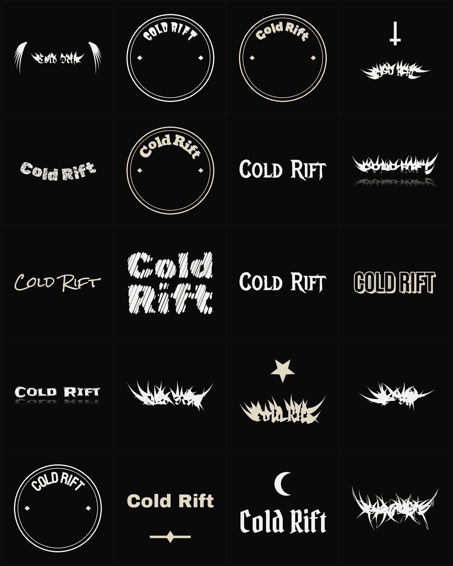 Twenty Cold Rift band logo ideas — different faces, treatments and spike settings
