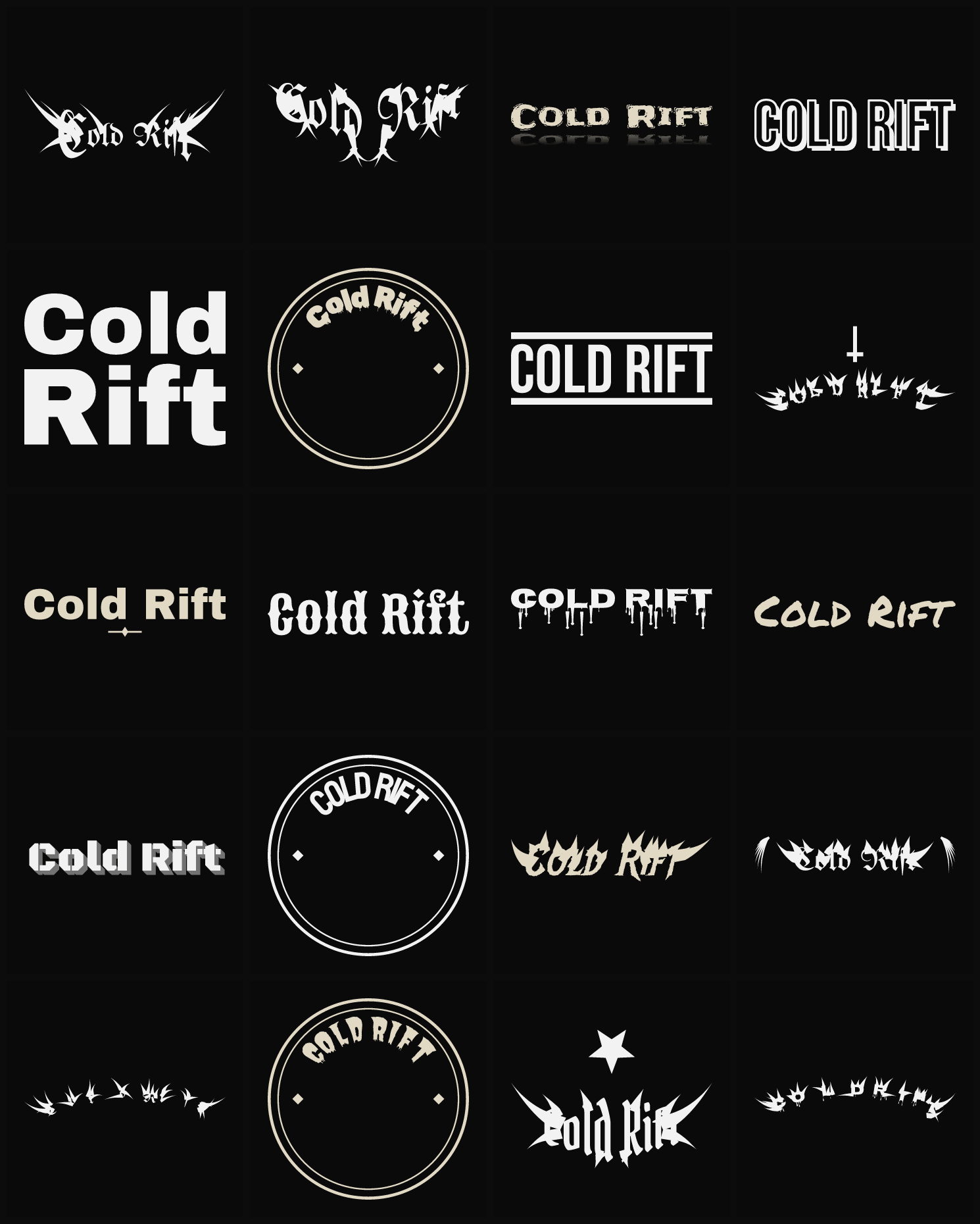 Twenty Cold Rift band logo ideas — different faces, treatments and spike settings