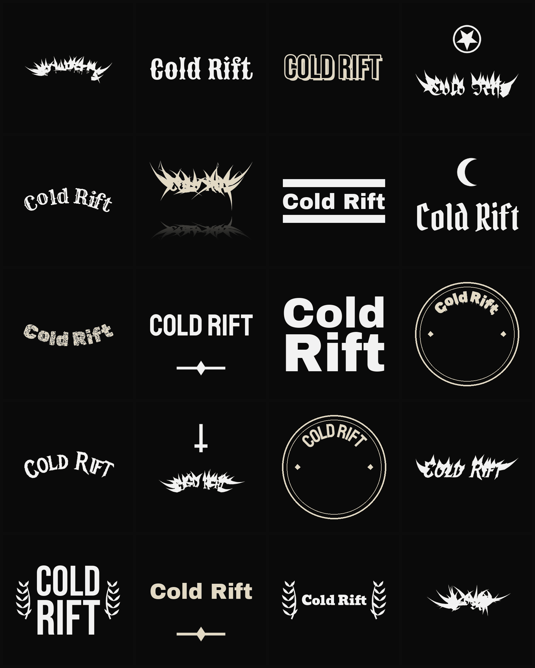 Twenty Cold Rift band logo ideas — different faces, treatments and spike settings
