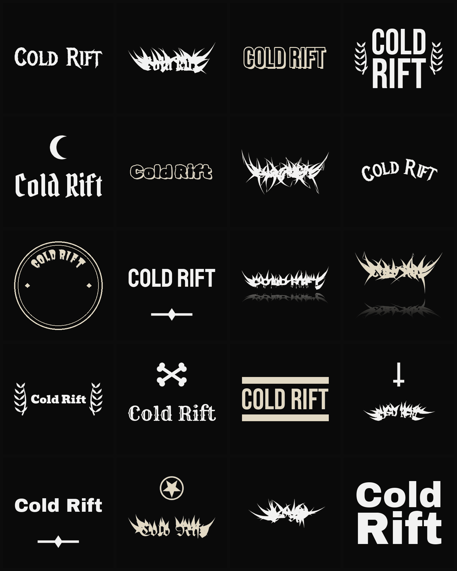 Twenty Cold Rift band logo ideas — different faces, treatments and spike settings