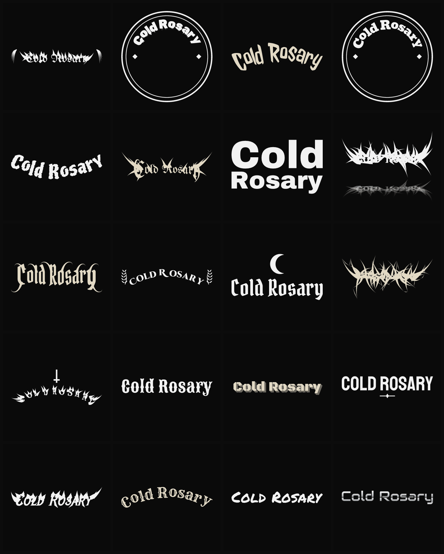 Twenty Cold Rosary band logo ideas — different faces, treatments and spike settings