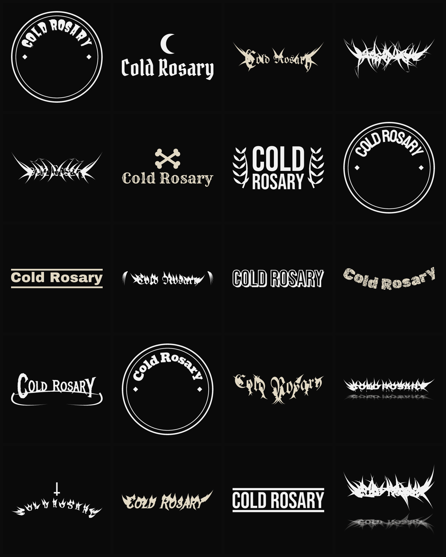 Twenty Cold Rosary band logo ideas — different faces, treatments and spike settings