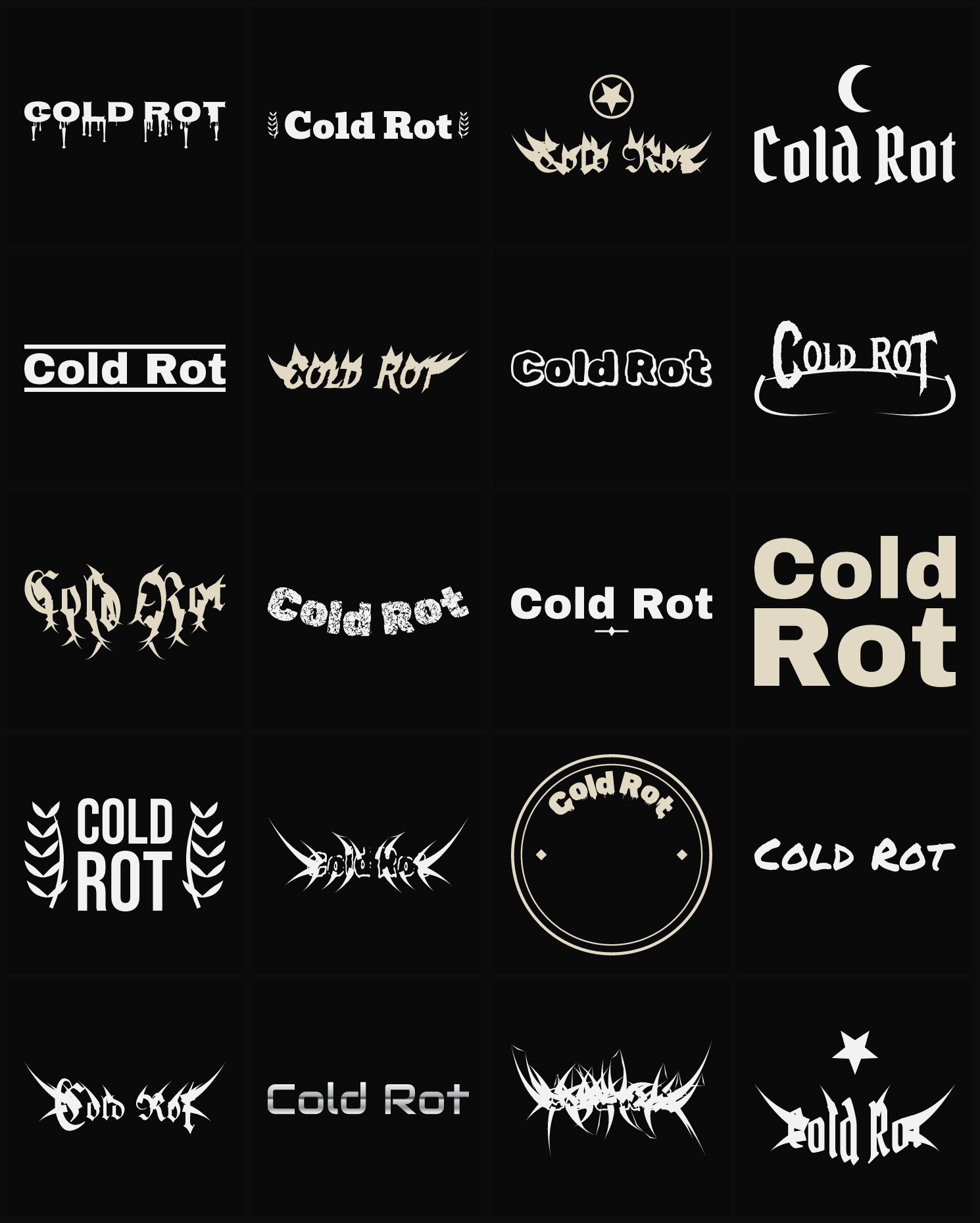 Twenty Cold Rot band logo ideas — different faces, treatments and spike settings