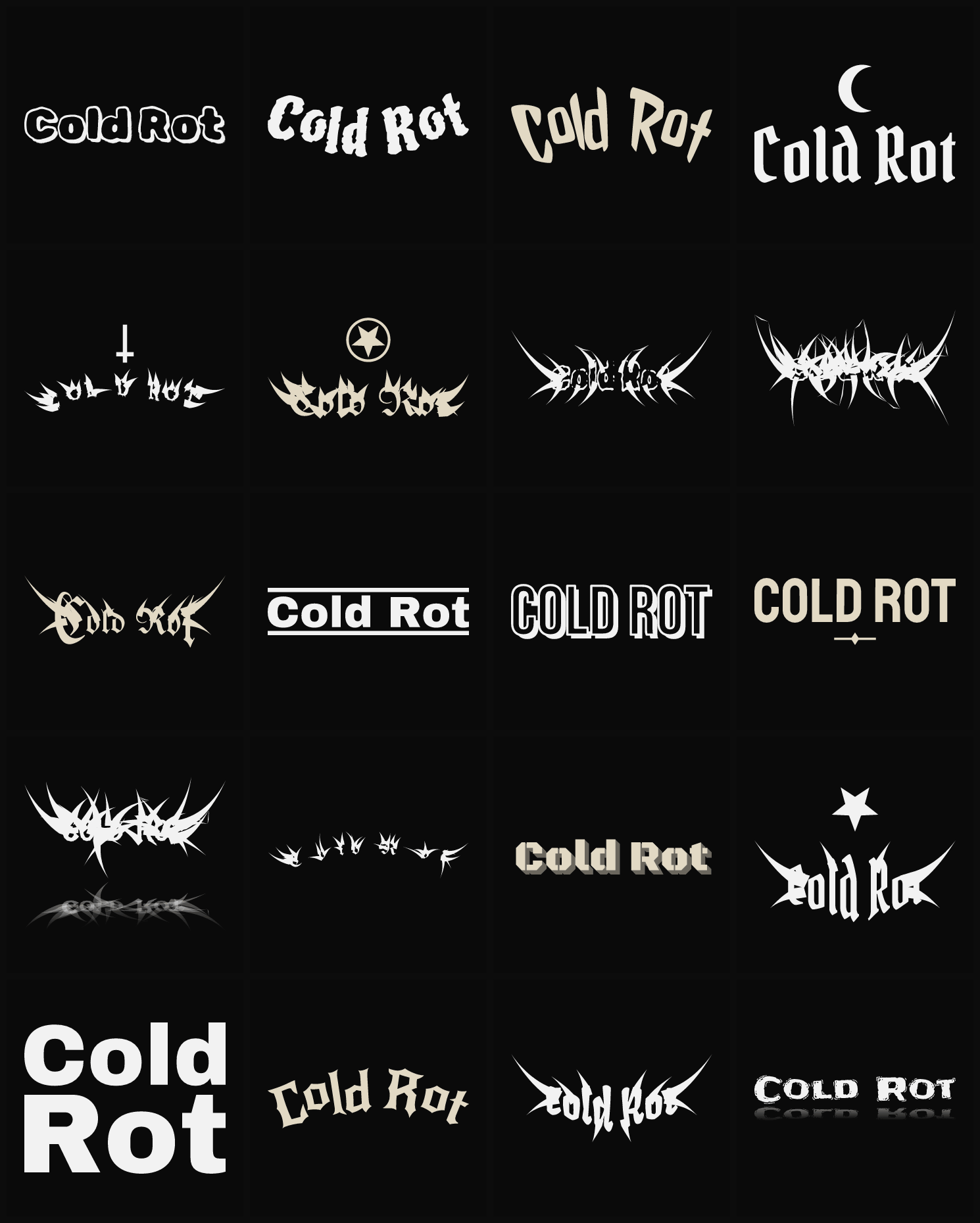 Twenty Cold Rot band logo ideas — different faces, treatments and spike settings
