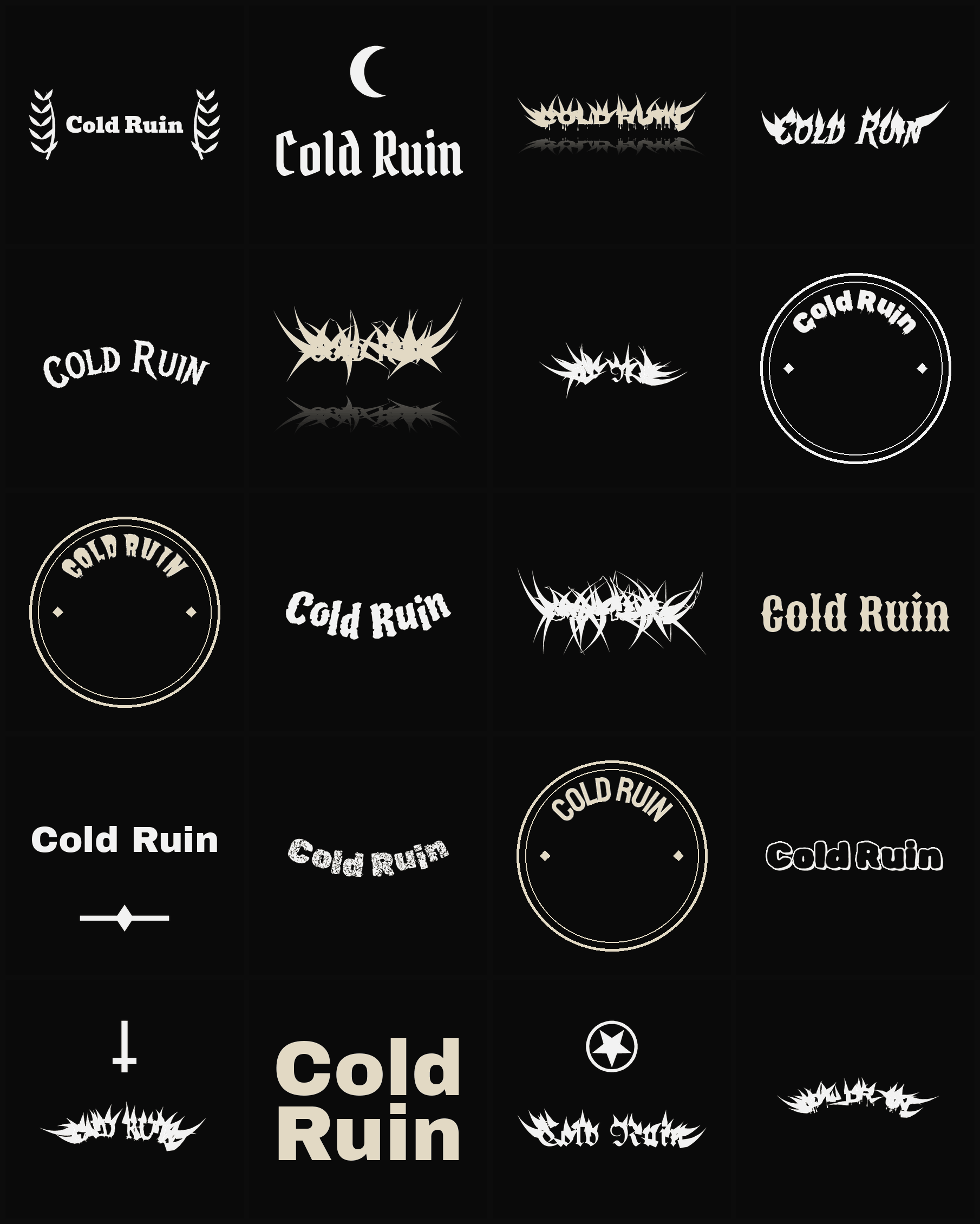 Twenty Cold Ruin band logo ideas — different faces, treatments and spike settings