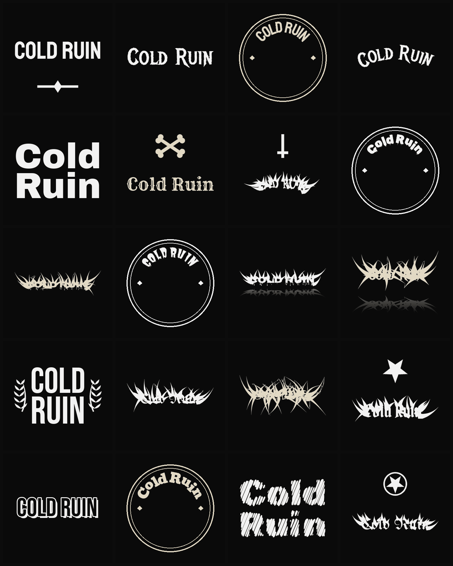 Twenty Cold Ruin band logo ideas — different faces, treatments and spike settings
