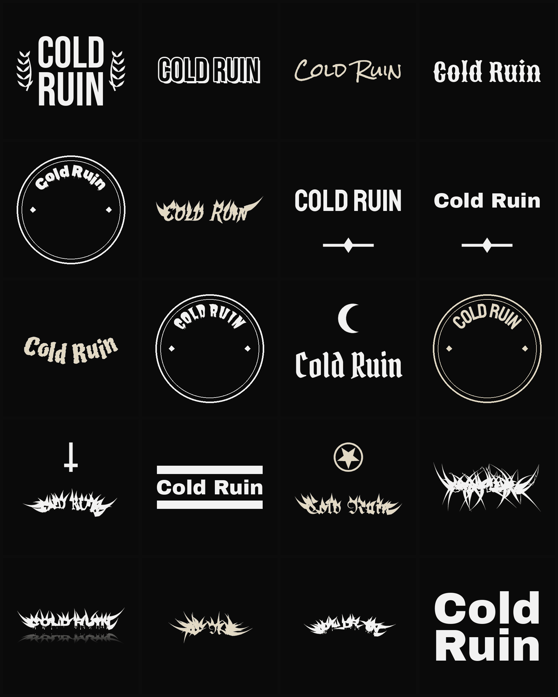 Twenty Cold Ruin band logo ideas — different faces, treatments and spike settings