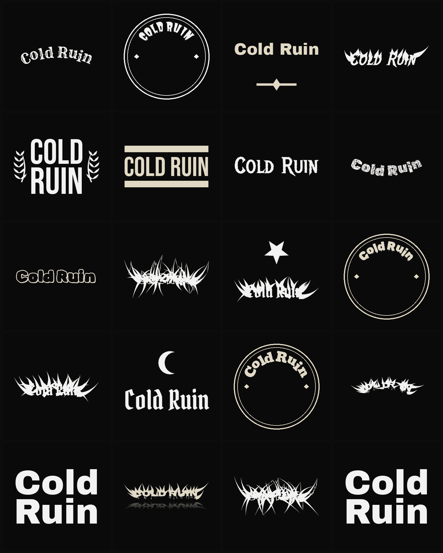 Twenty Cold Ruin band logo ideas — different faces, treatments and spike settings