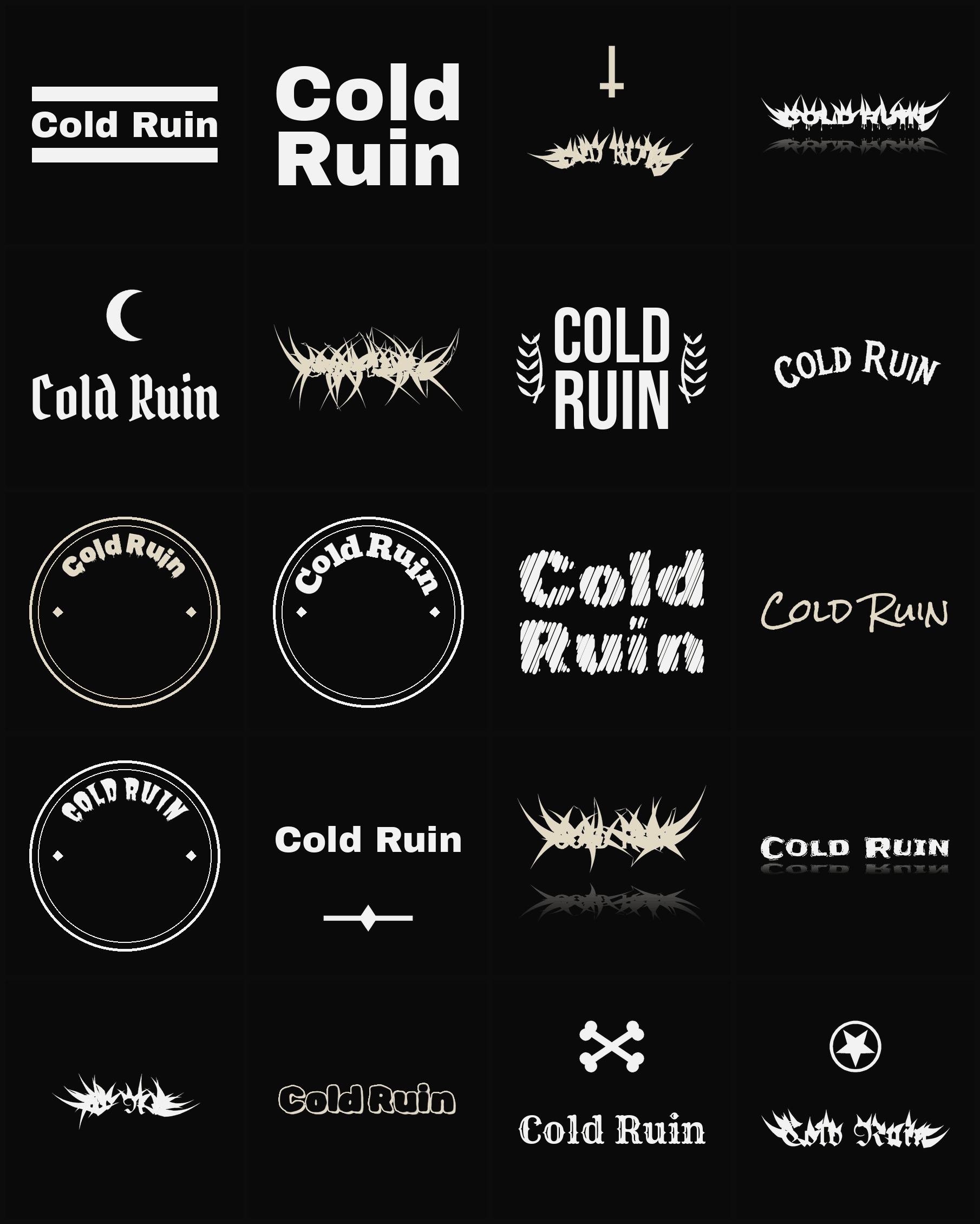 Twenty Cold Ruin band logo ideas — different faces, treatments and spike settings
