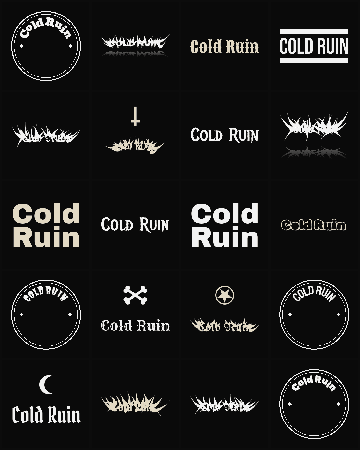 Twenty Cold Ruin band logo ideas — different faces, treatments and spike settings