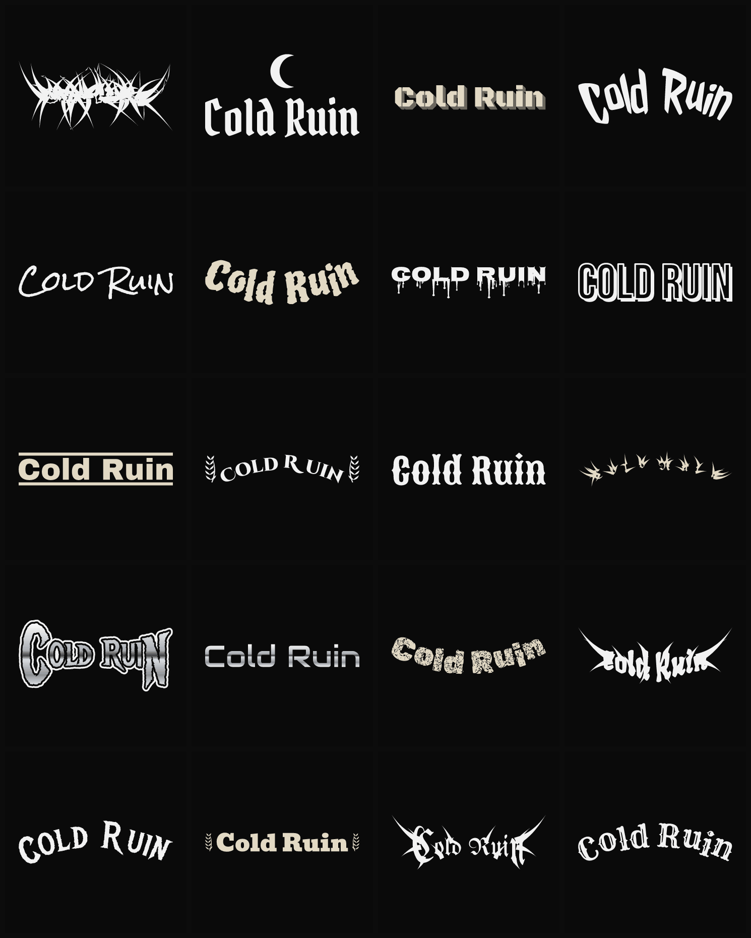 Twenty Cold Ruin band logo ideas — different faces, treatments and spike settings